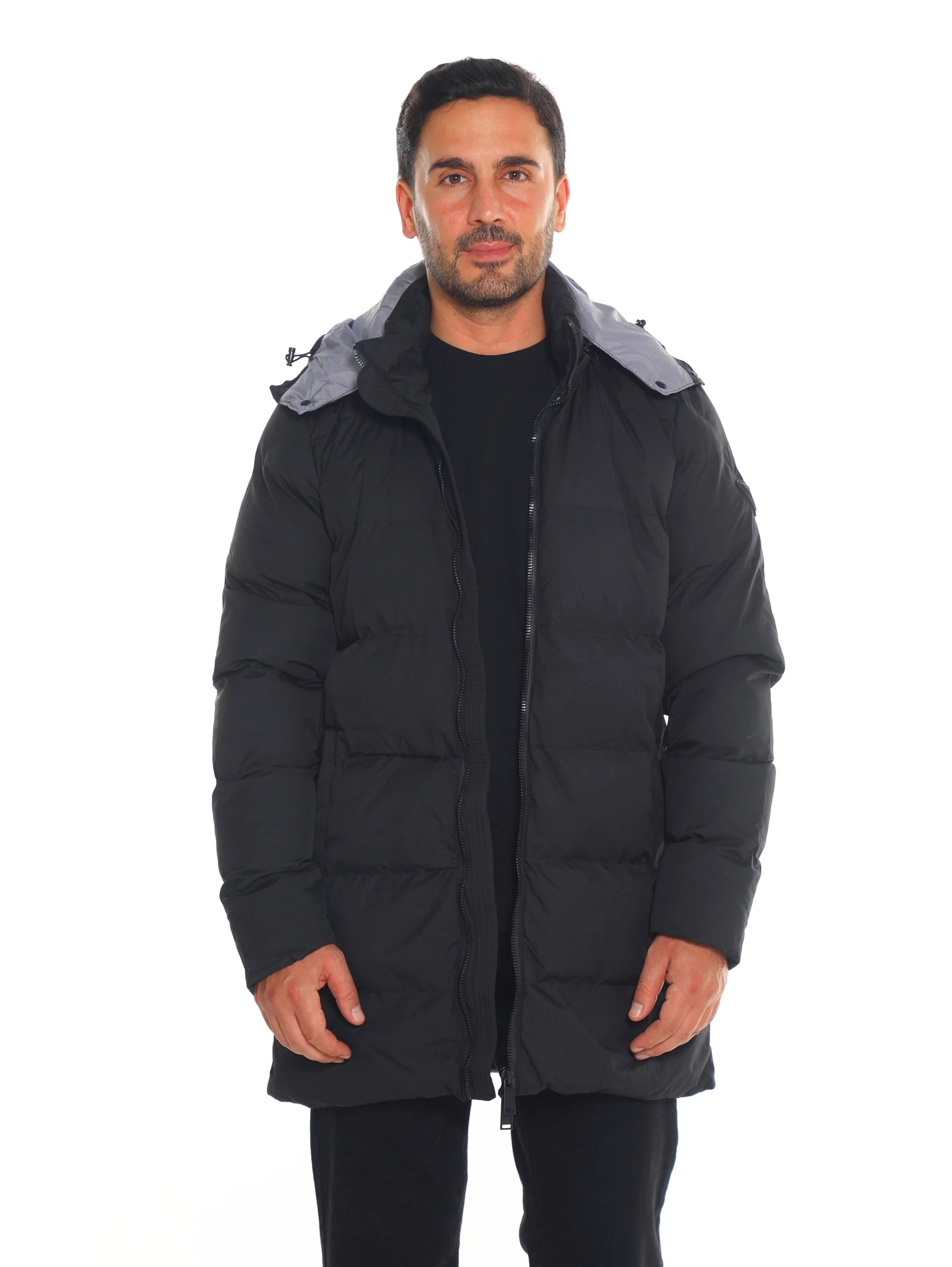 Black Padded Quilted Long Jacket With Zipper To Close