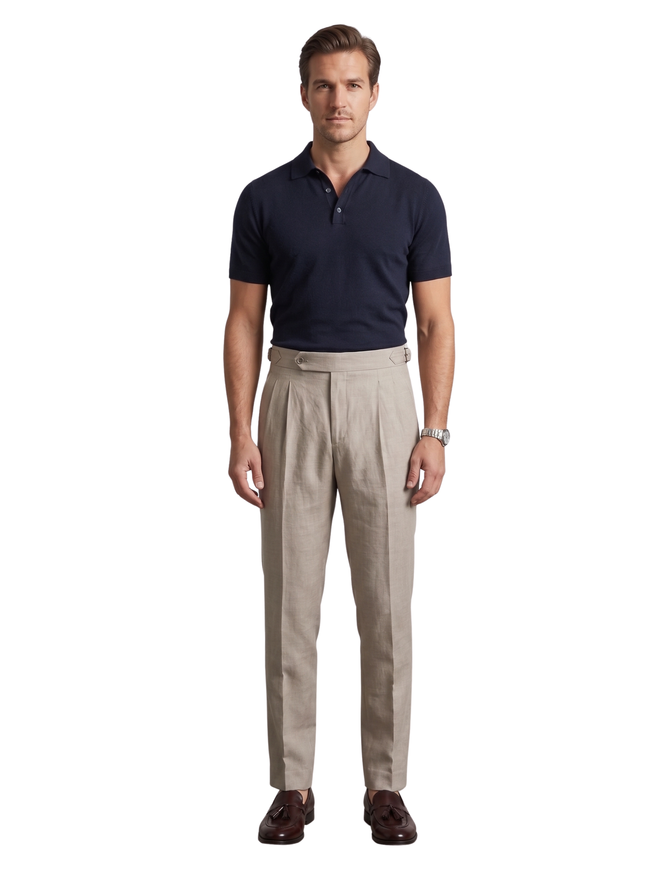 Beige High Waistband Pants With A Buttoned Tab Closure & Side Buckles