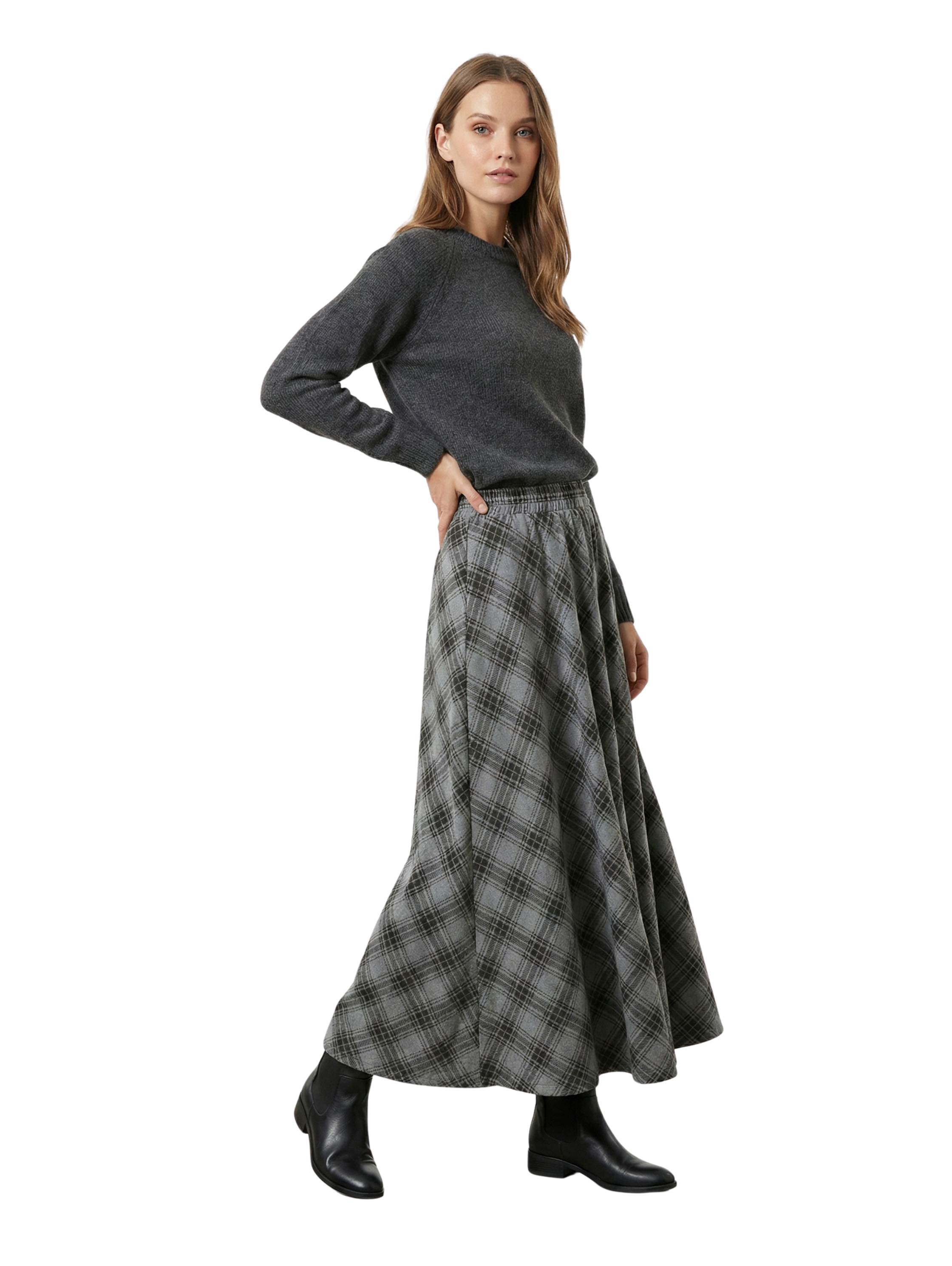 Maxi Grey Checked Skirt With Side Pockets