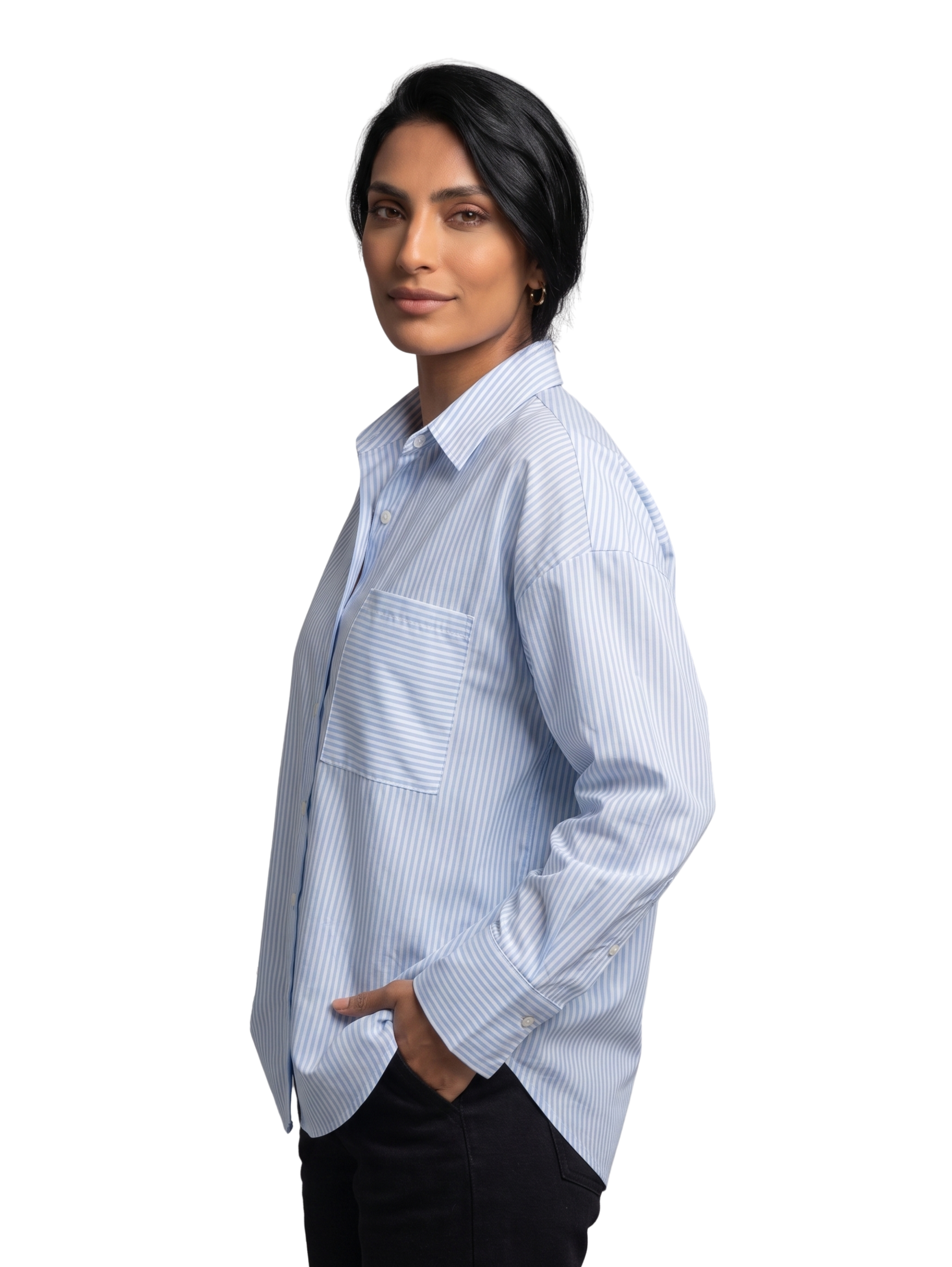 Blue Oversized White Striped Shirt With Side Pocket