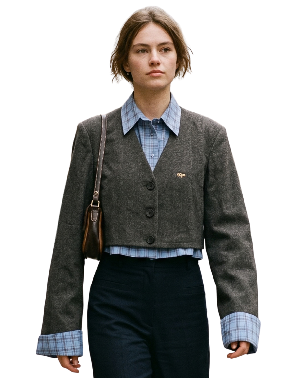 L.Brown Cropped V.Neck Jacket