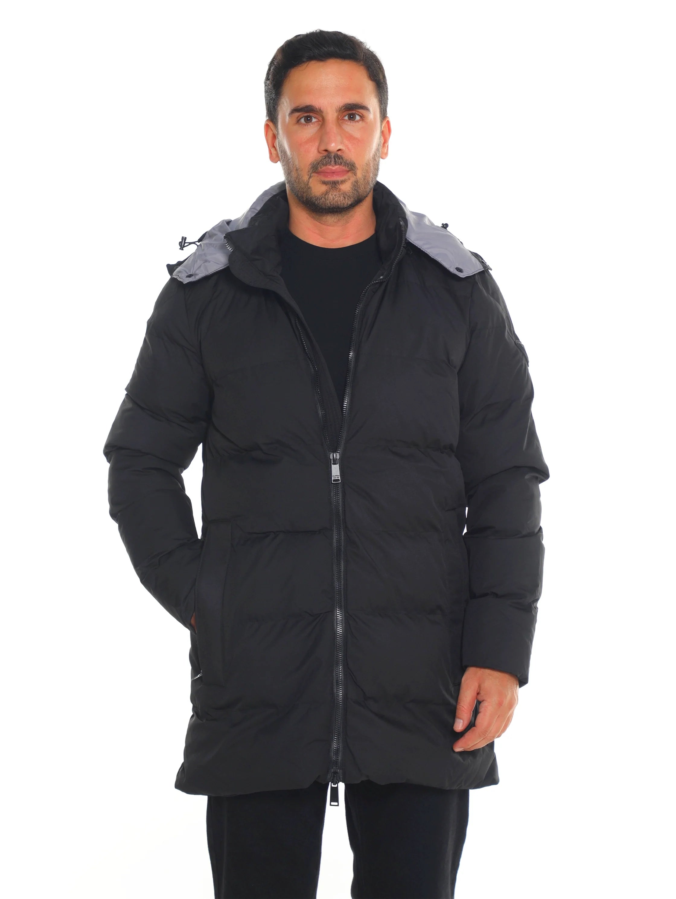 Black Padded Quilted Long Jacket With Zipper To Close