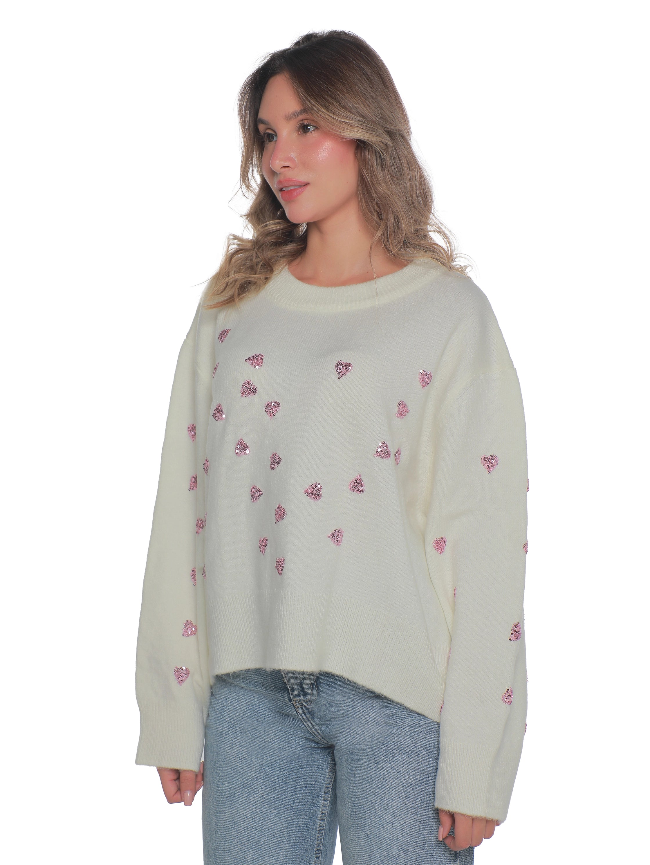 White Pullover With Heart Glitter Design