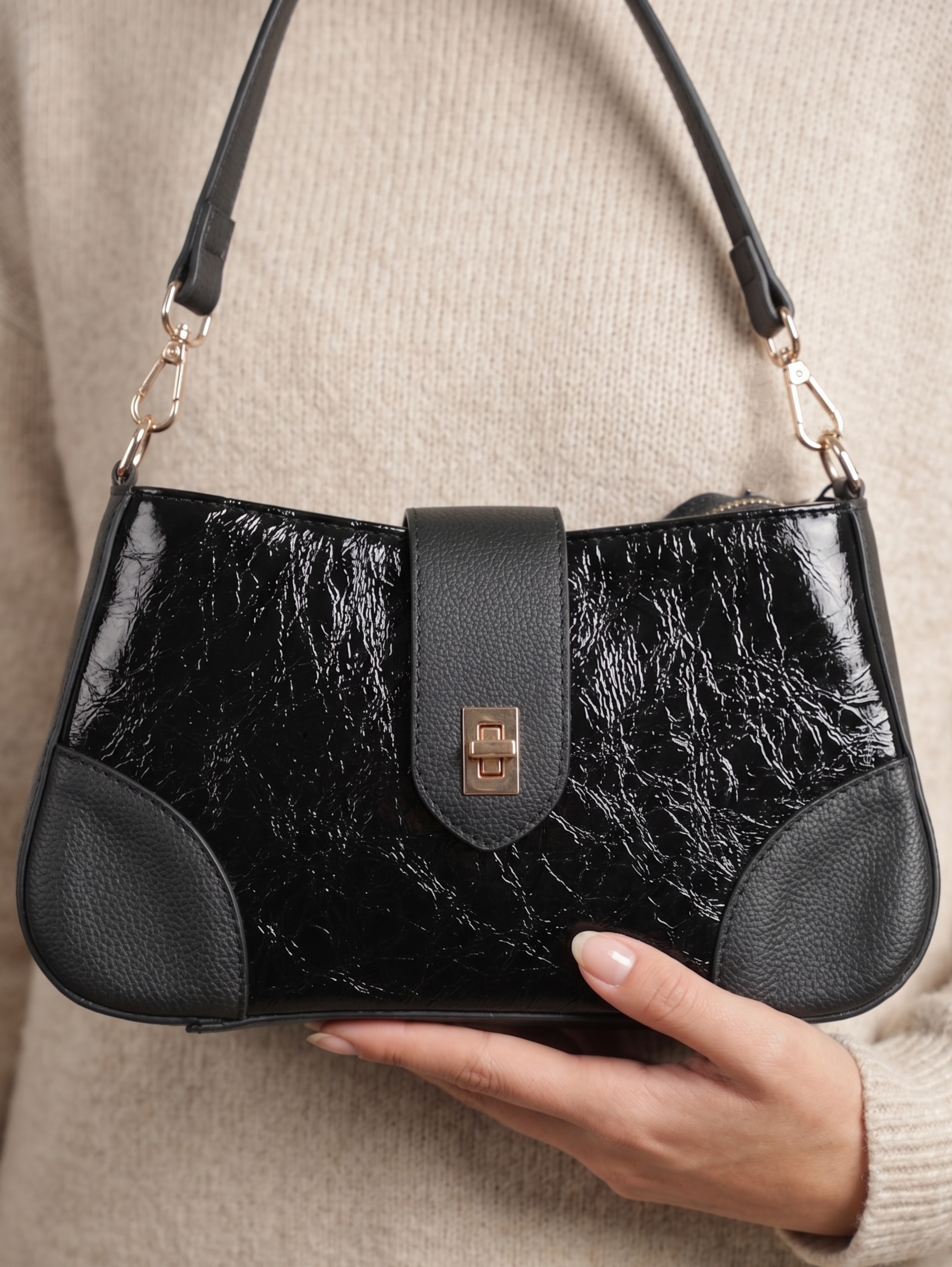 Black Glossy Crinkled Patent Leather Shoulder Bag
