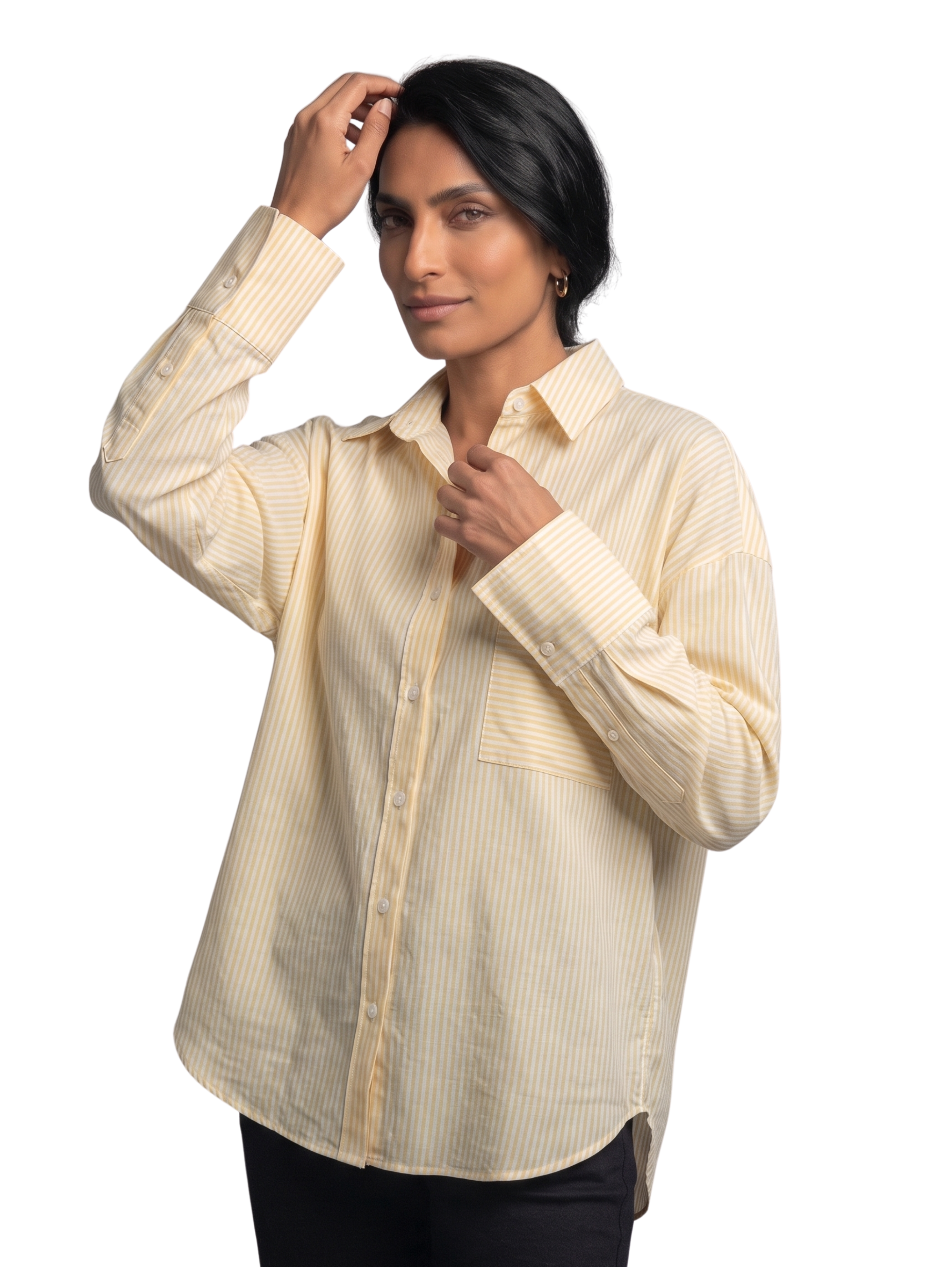 Yellow Oversized White Striped Shirt With Side Pocket