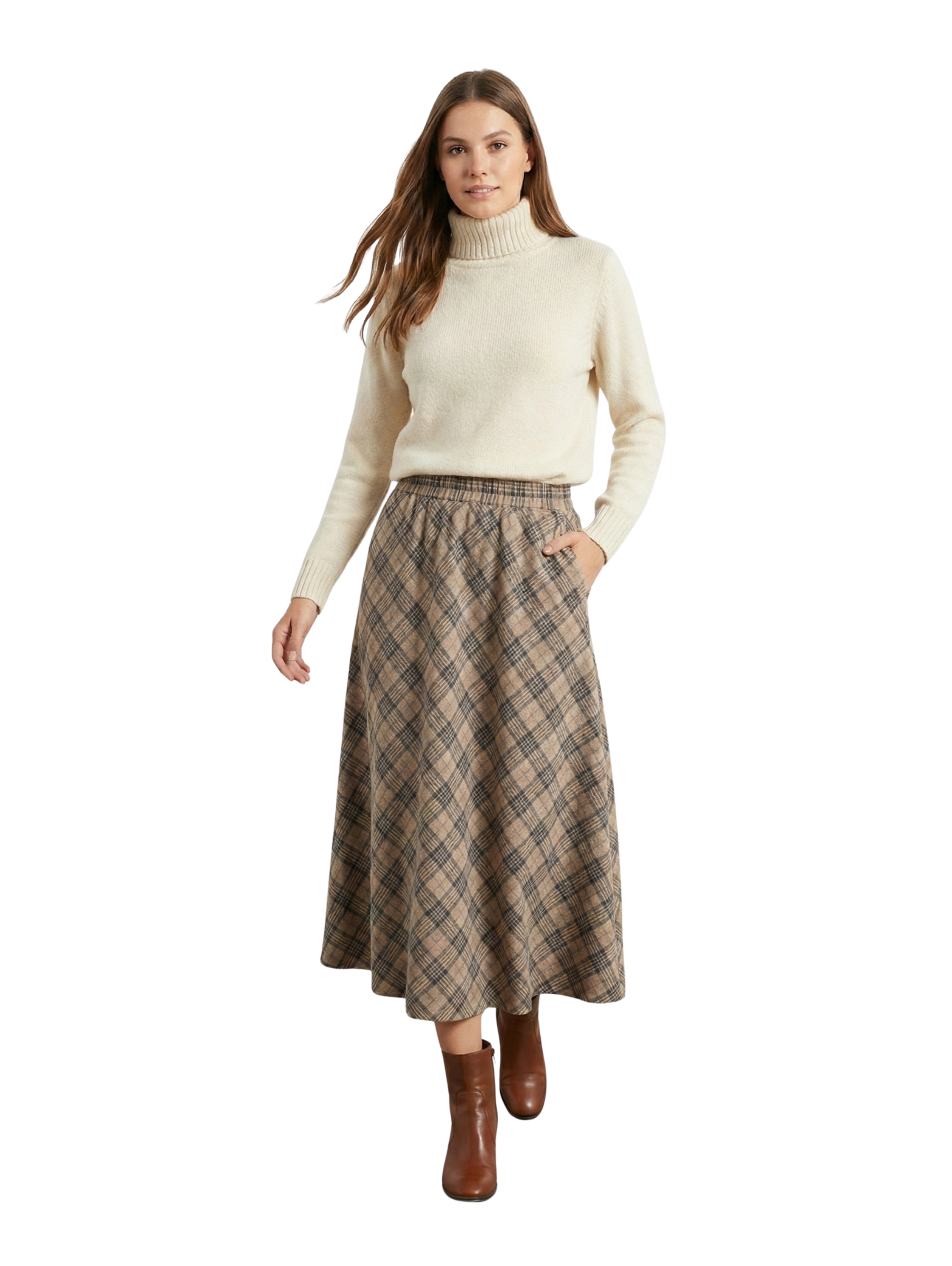 Maxi Light Brown Checked Skirt With Side Pockets