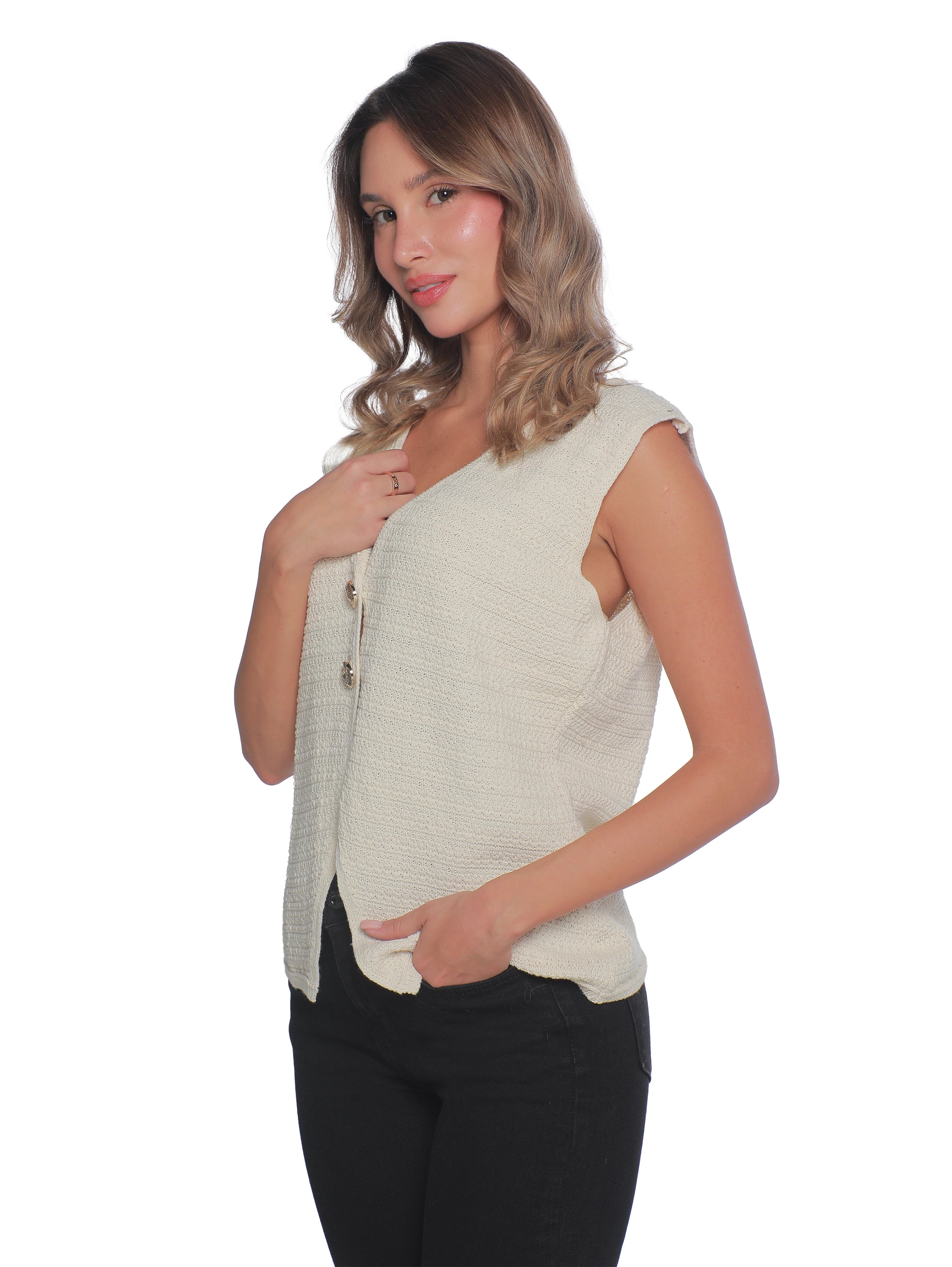 Embroidery Off white Vest With Two Button To Close