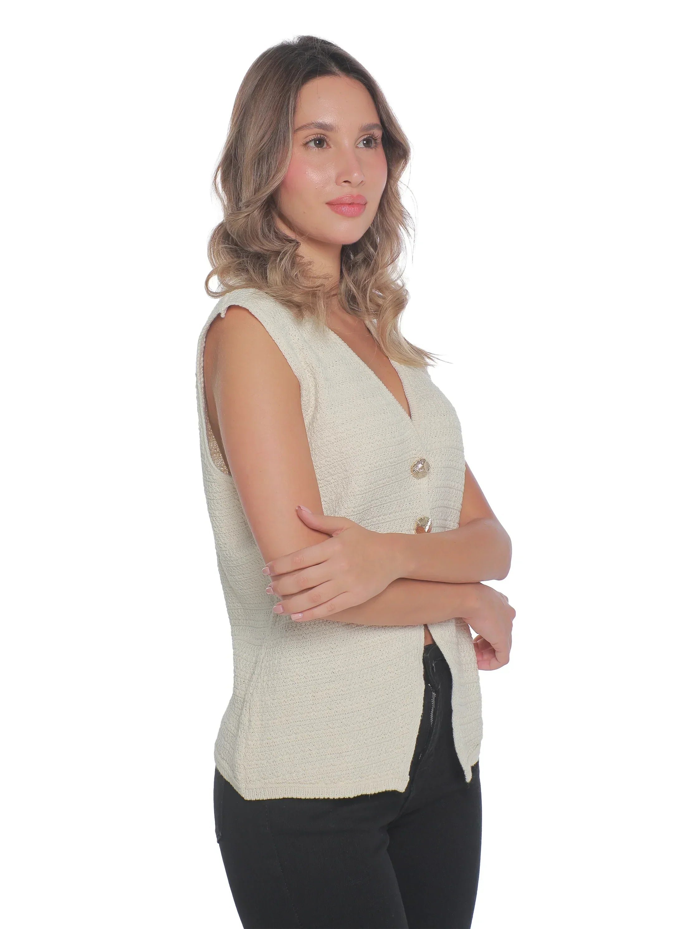 Embroidery Off white Vest With Two Button To Close