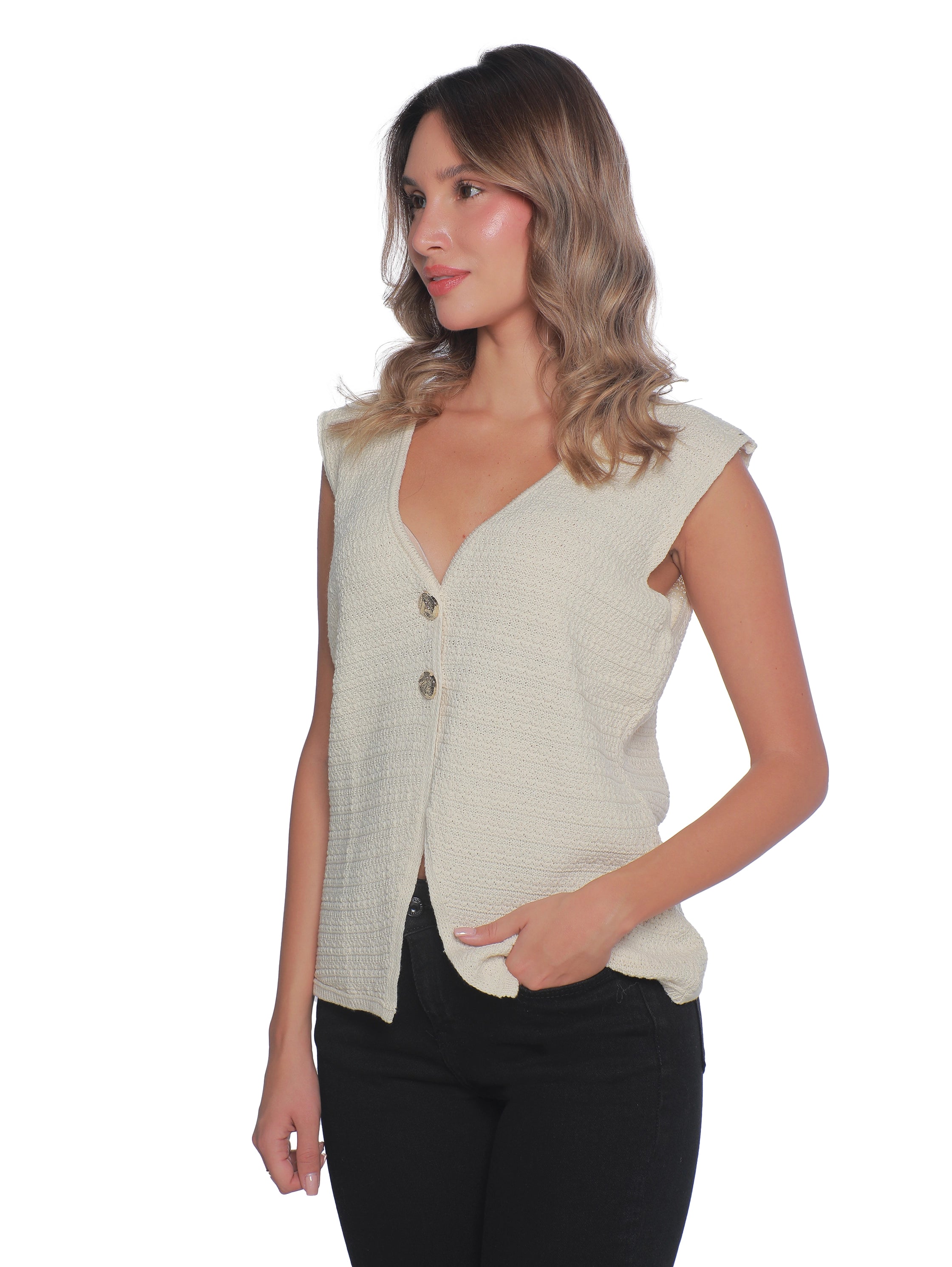 Embroidery Off white Vest With Two Button To Close