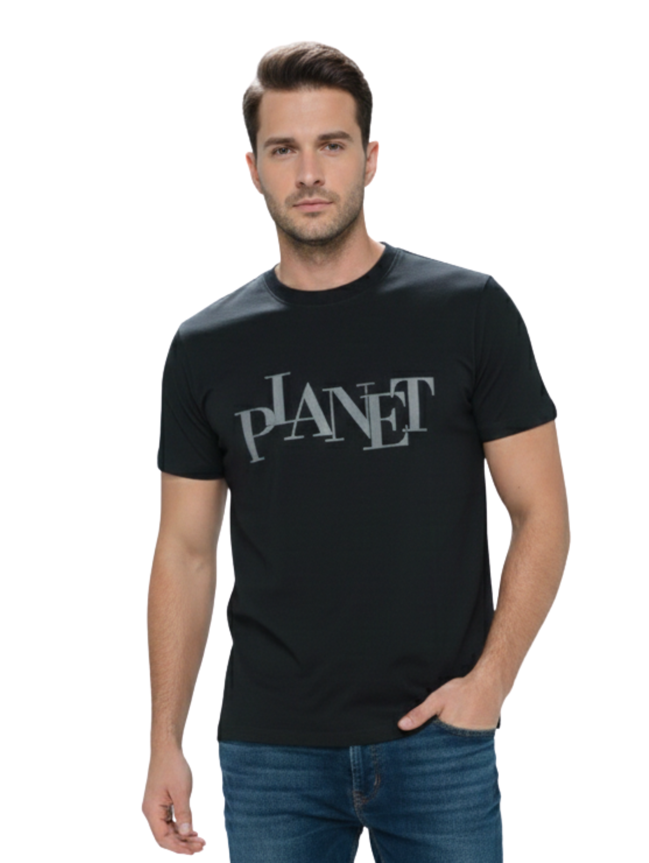 Round Neck Black T-Shirt With "Planet" Front Design
