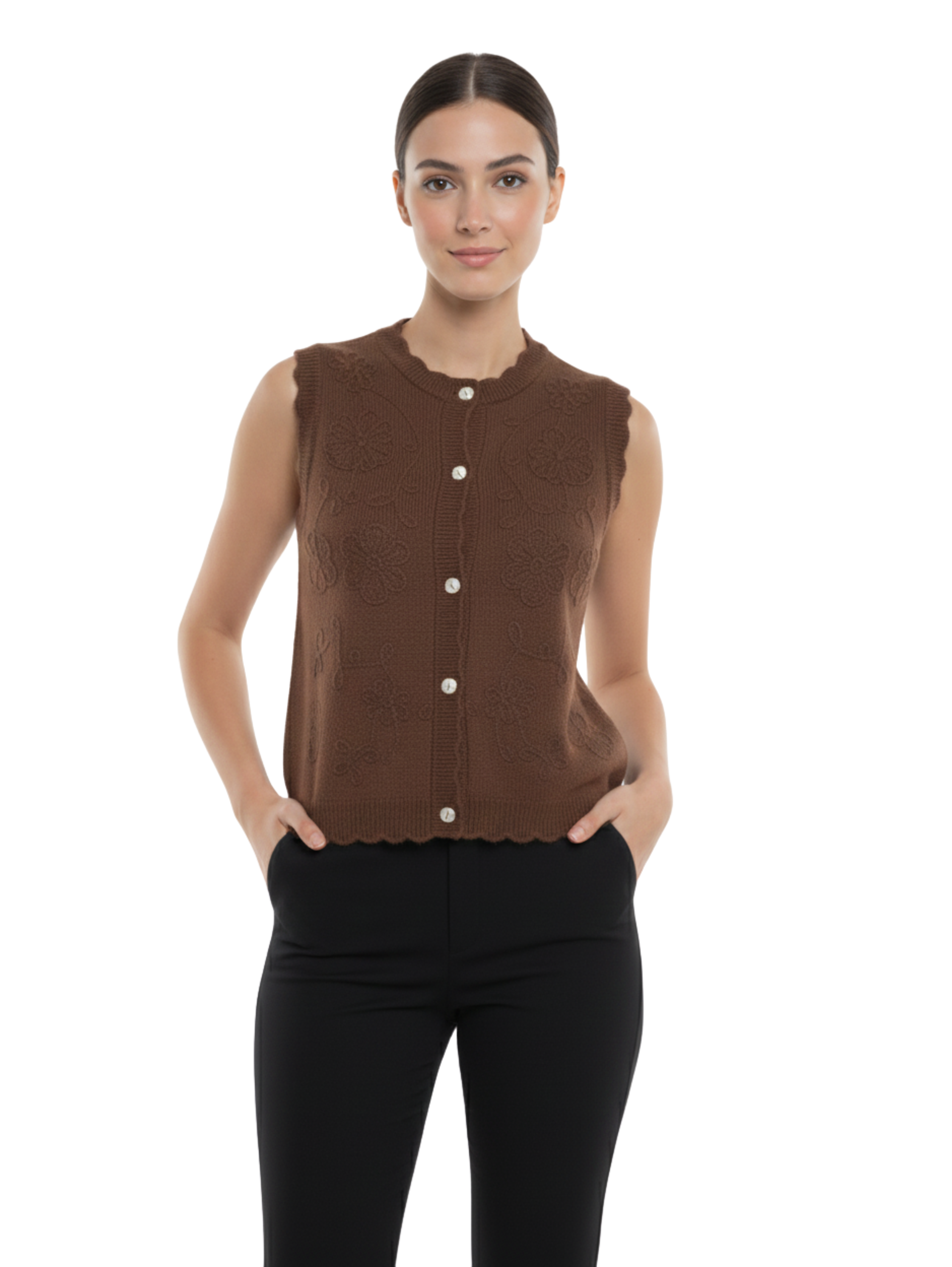Sleeveless Buttoned Brown Vest Round -Neck