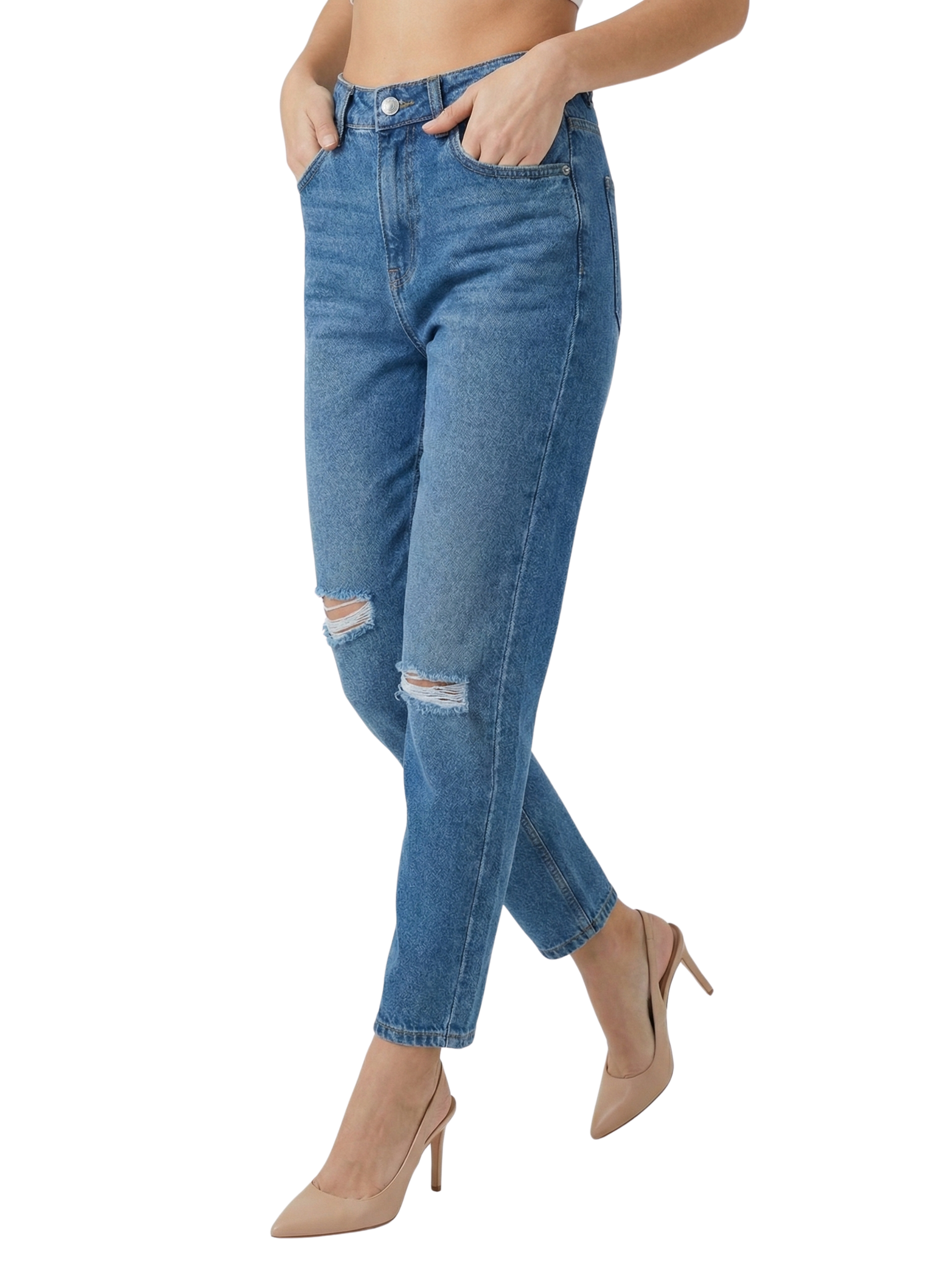 High Waist Blue Jeans Ripped Knee