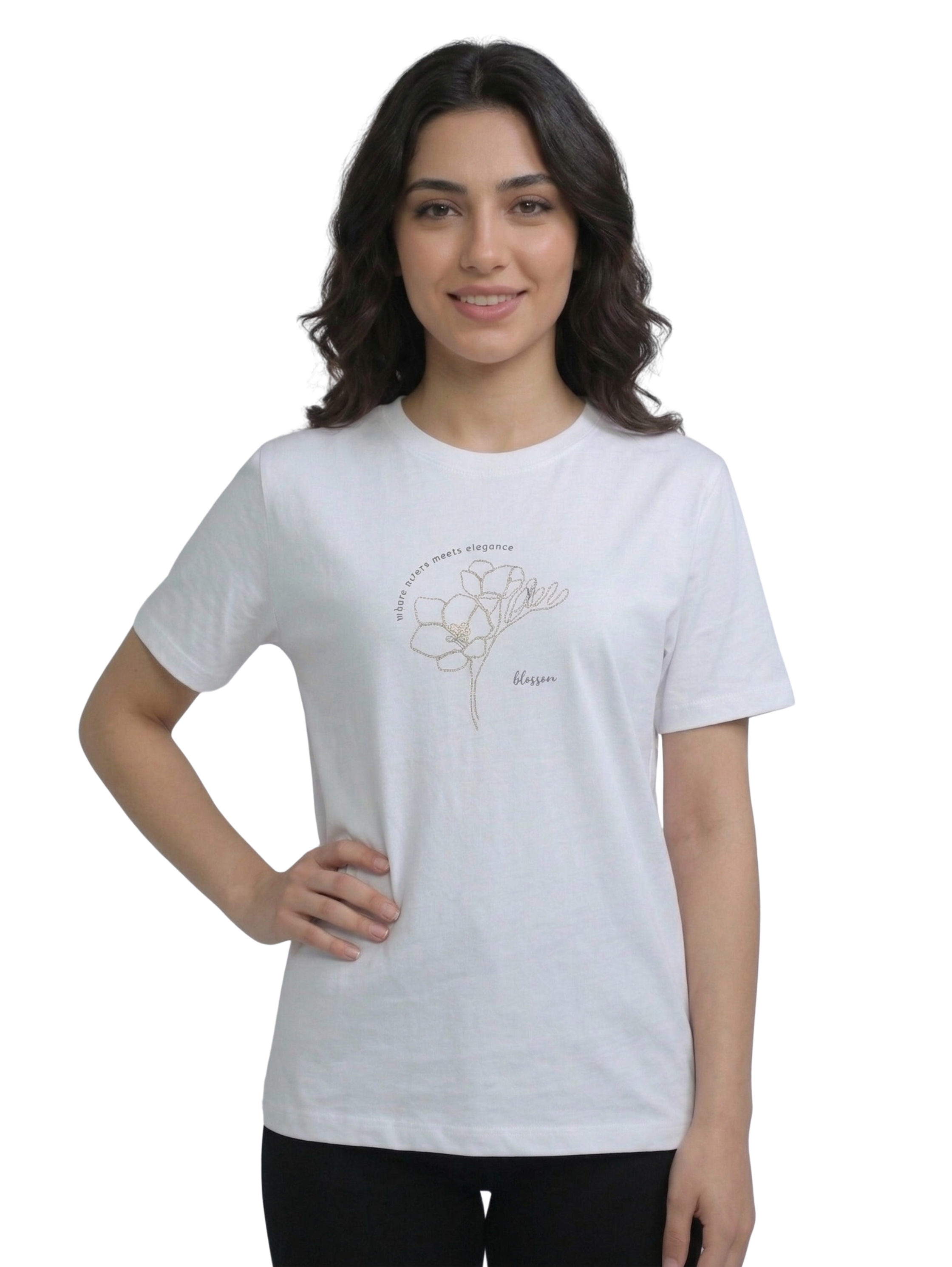 White Round Neck T-Shirt With Front Design