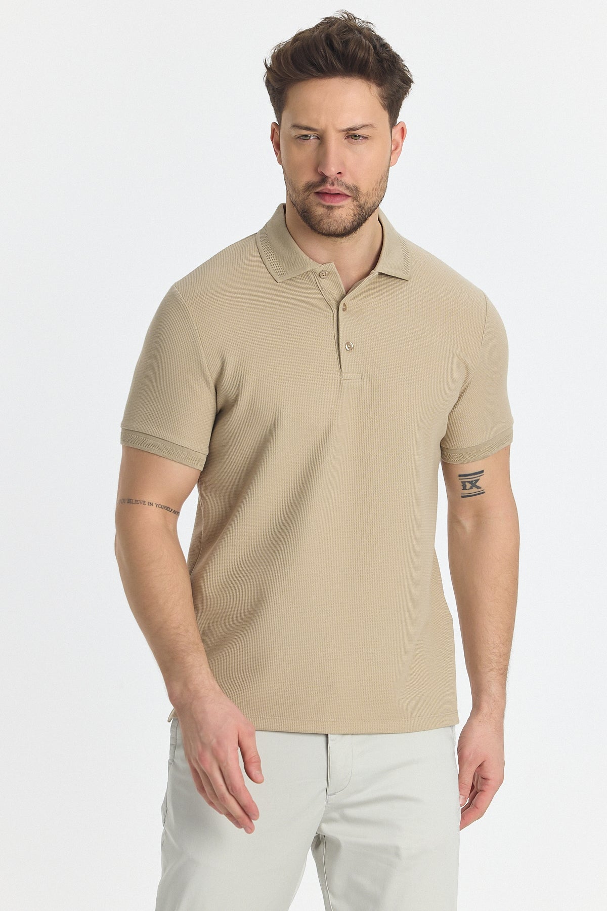Beige Short Sleeved Polo With Three Button To Close