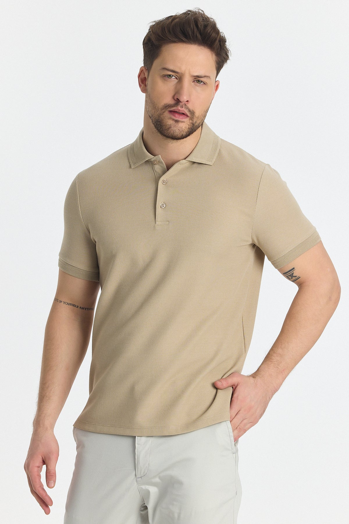 Beige Short Sleeved Polo With Three Button To Close