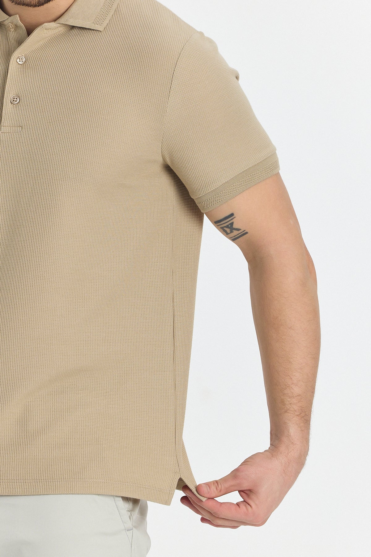 Beige Short Sleeved Polo With Three Button To Close