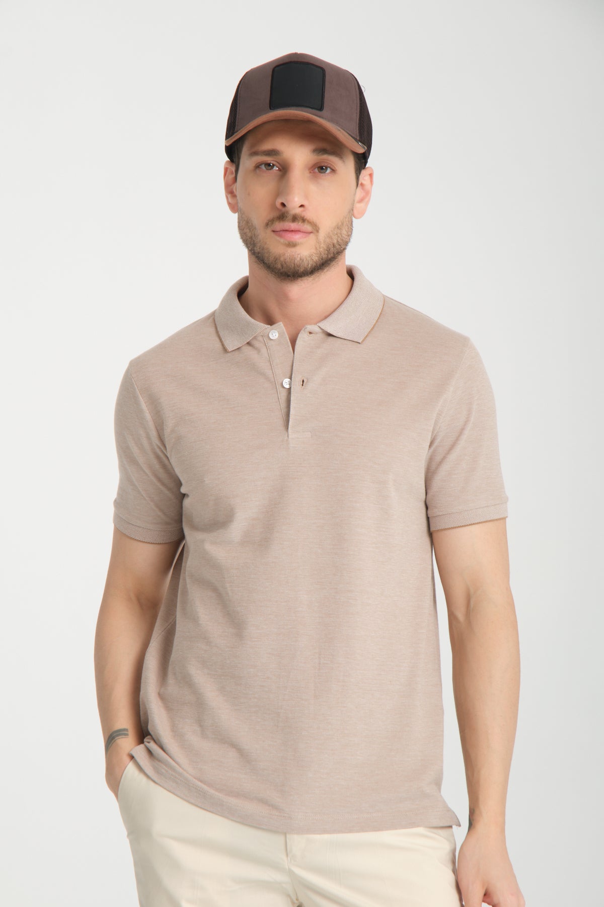 Short Sleeve Beige Basic Polo