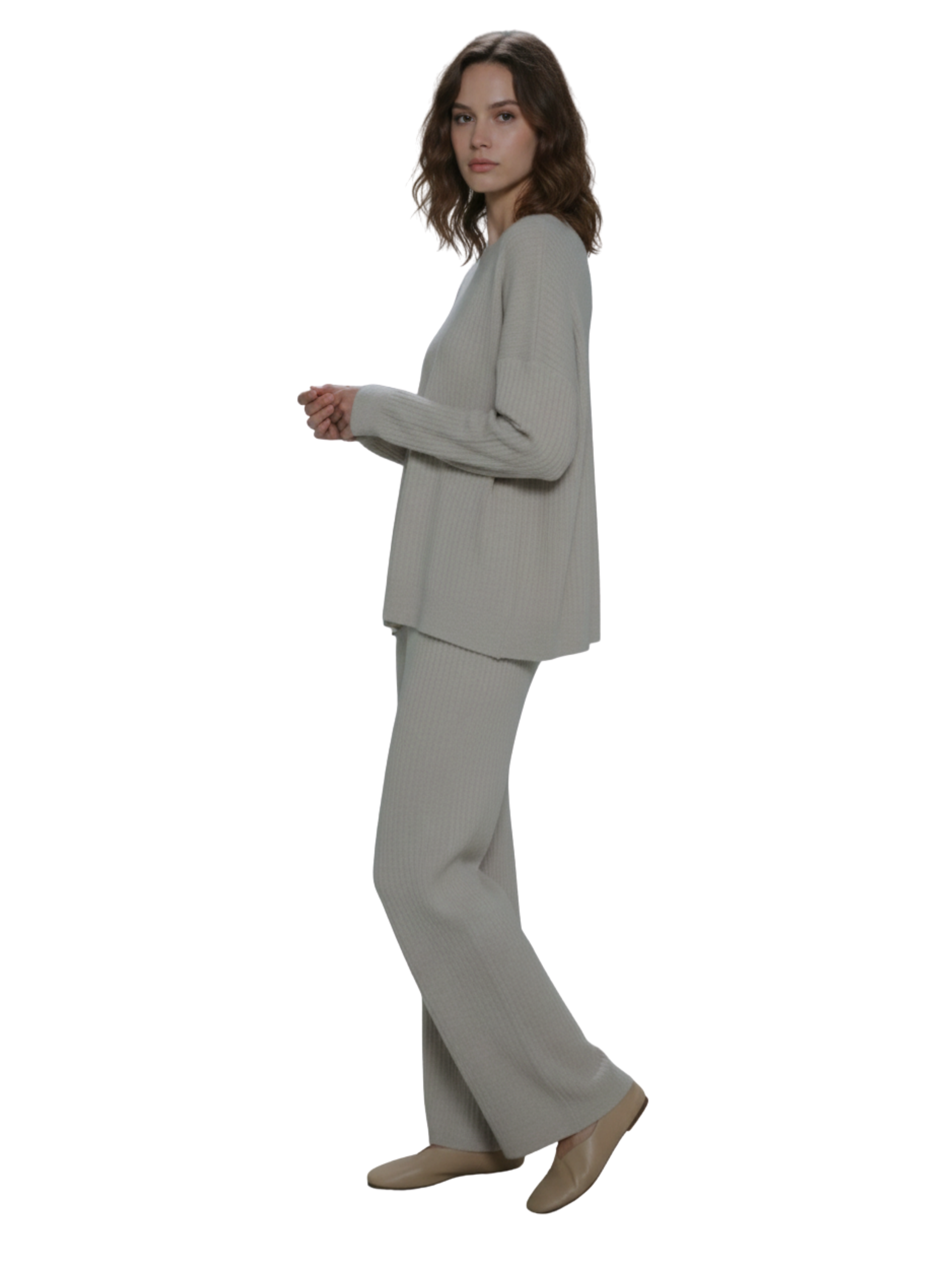 Ribbed Light Beige Pant & Sweater Set