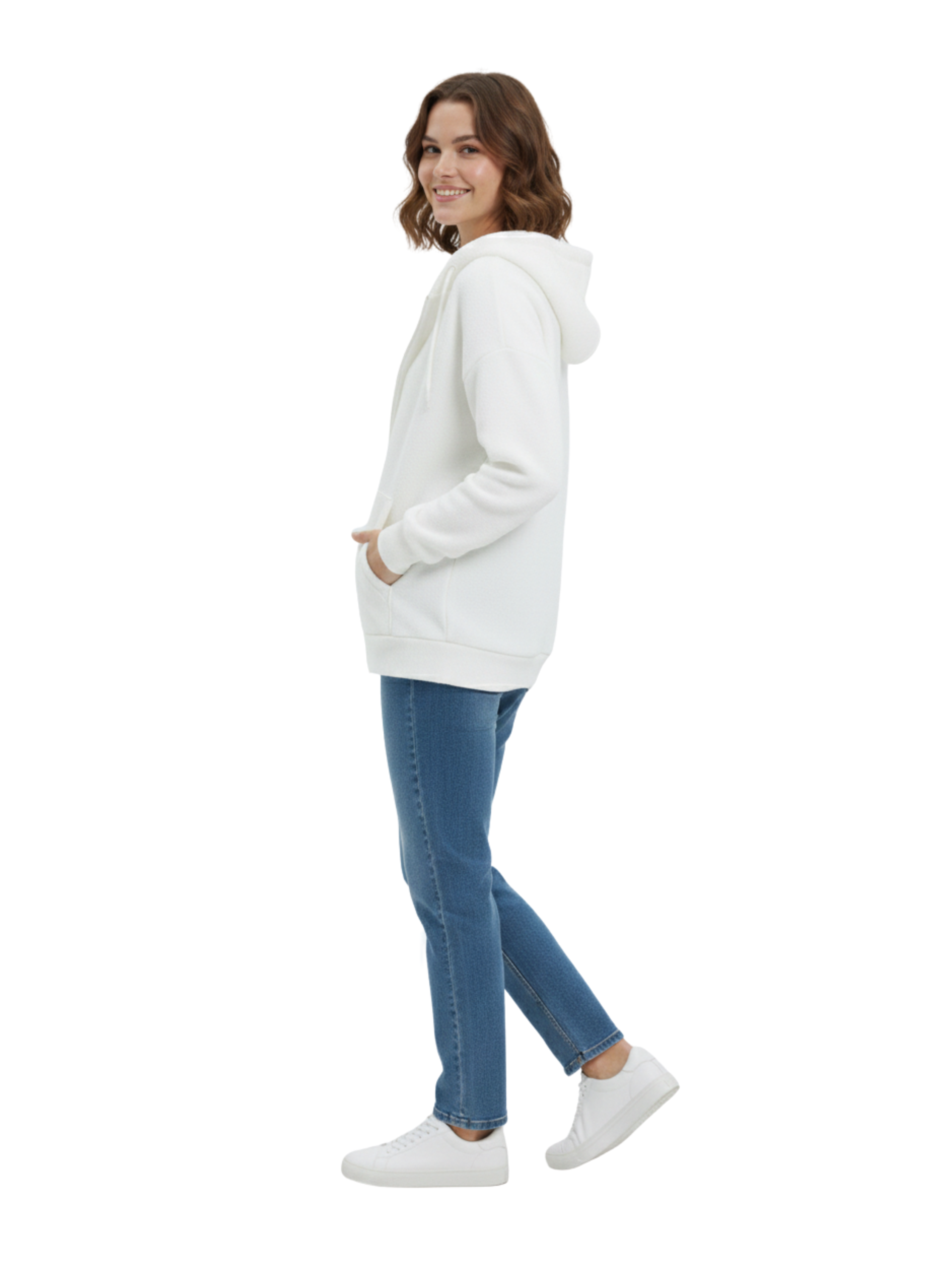 Long Sleeve Fleeced White Jacket With Zipper To Close
