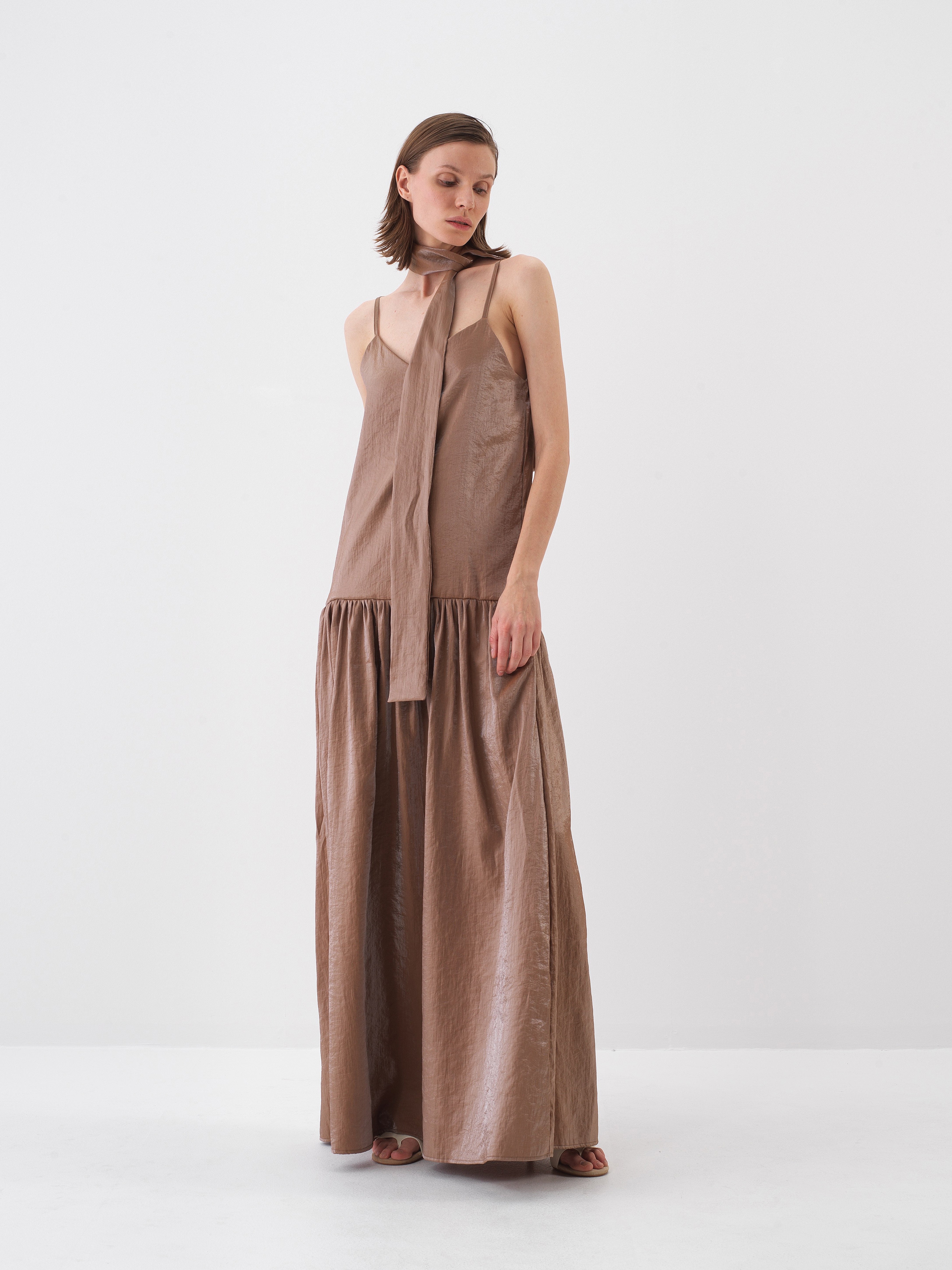 Xint Brown Maxi Dress With Scarf Detail At The Neck