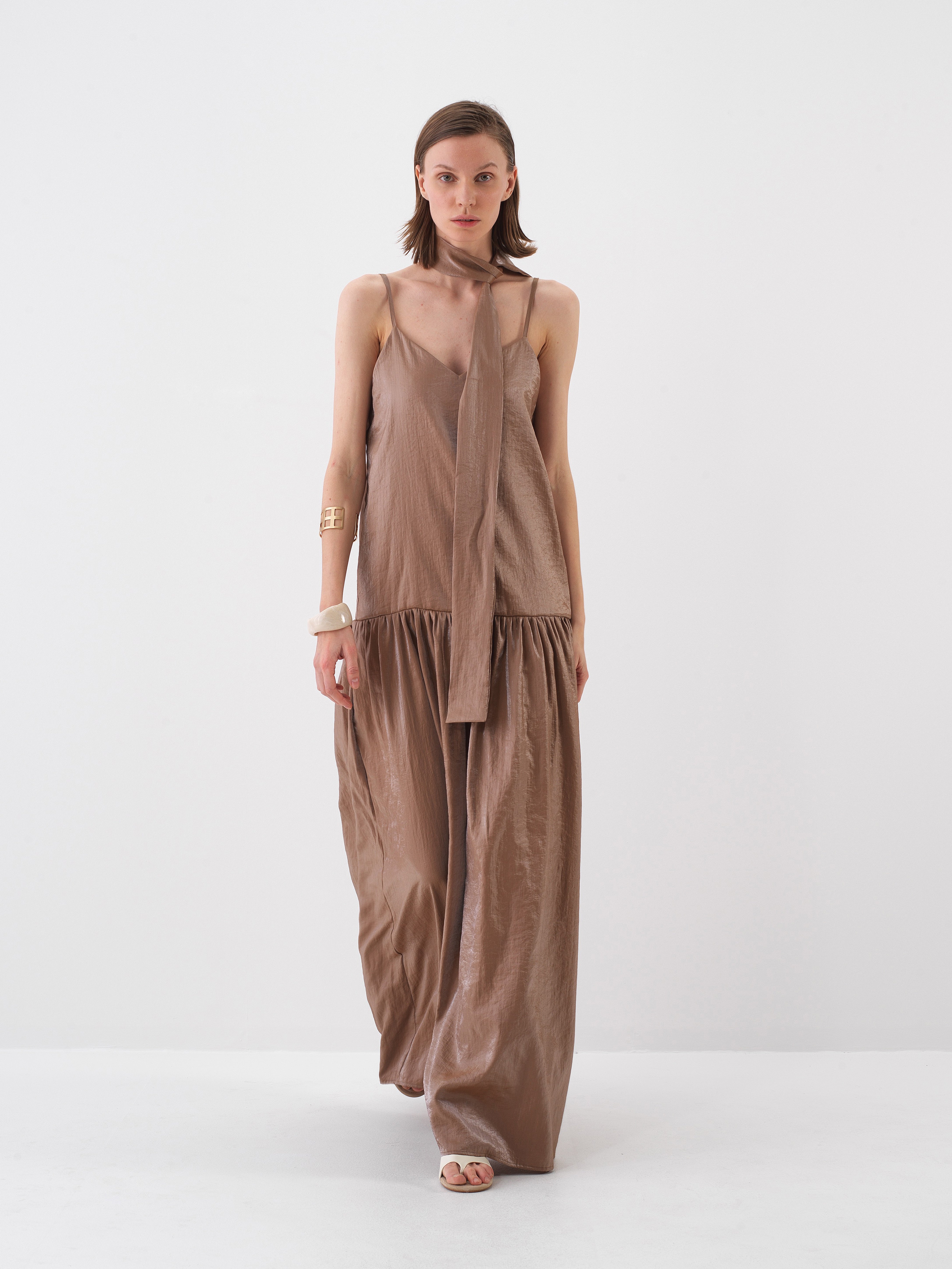 Xint Brown Maxi Dress With Scarf Detail At The Neck