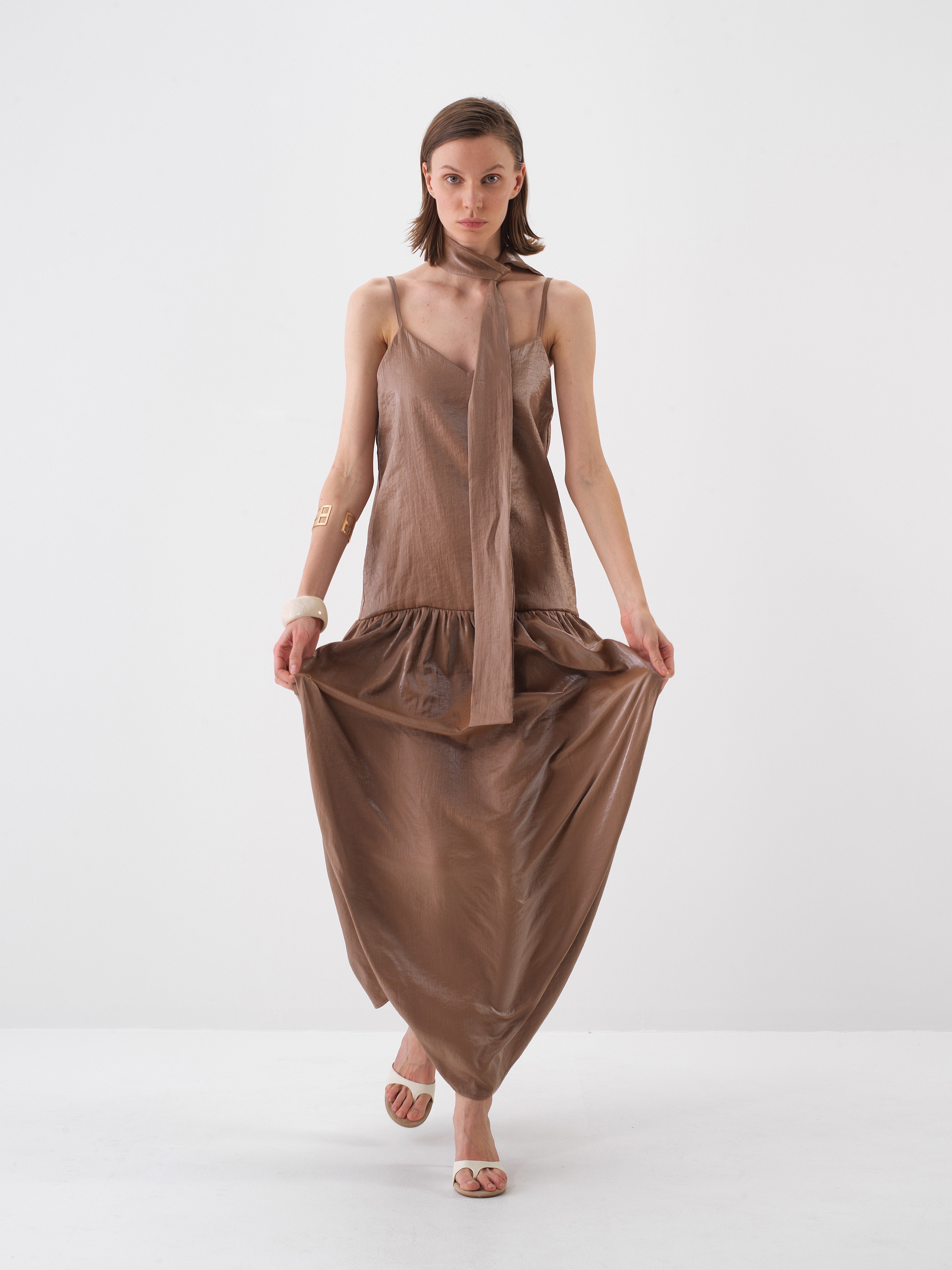 Xint Brown Maxi Dress With Scarf Detail At The Neck