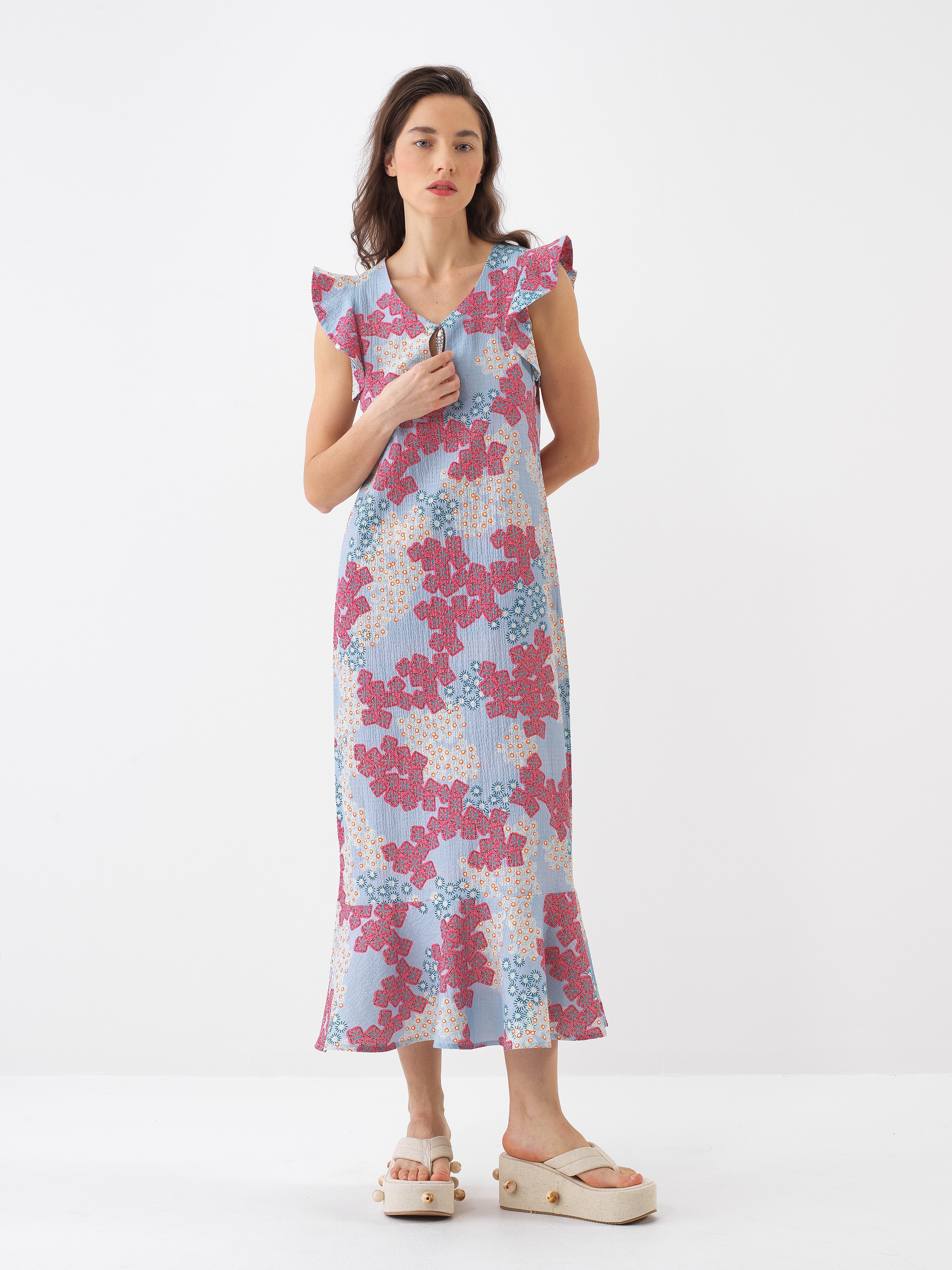 Xint Blue Regular Fit Cotton Dress With Design