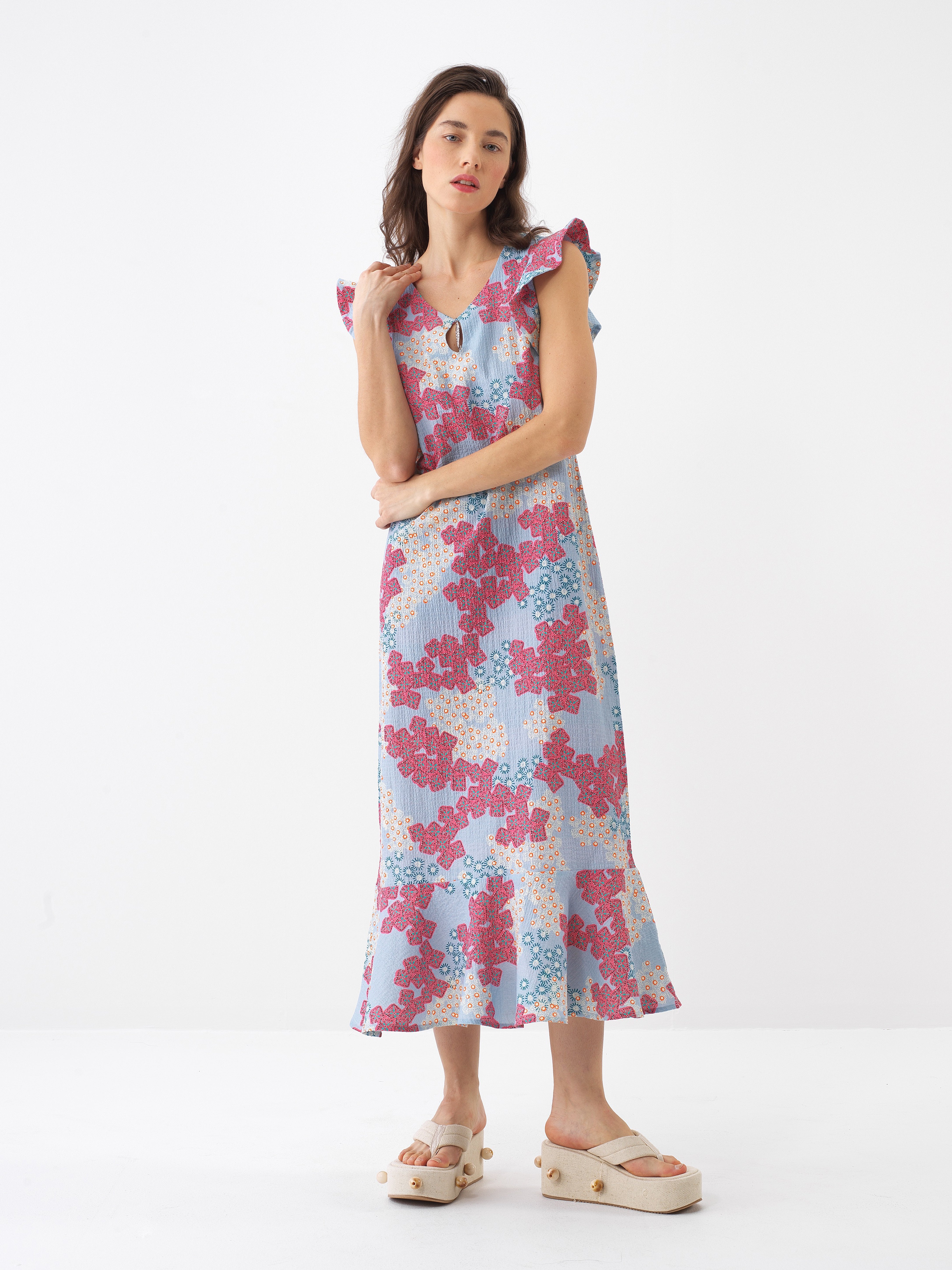 Xint Blue Regular Fit Cotton Dress With Design