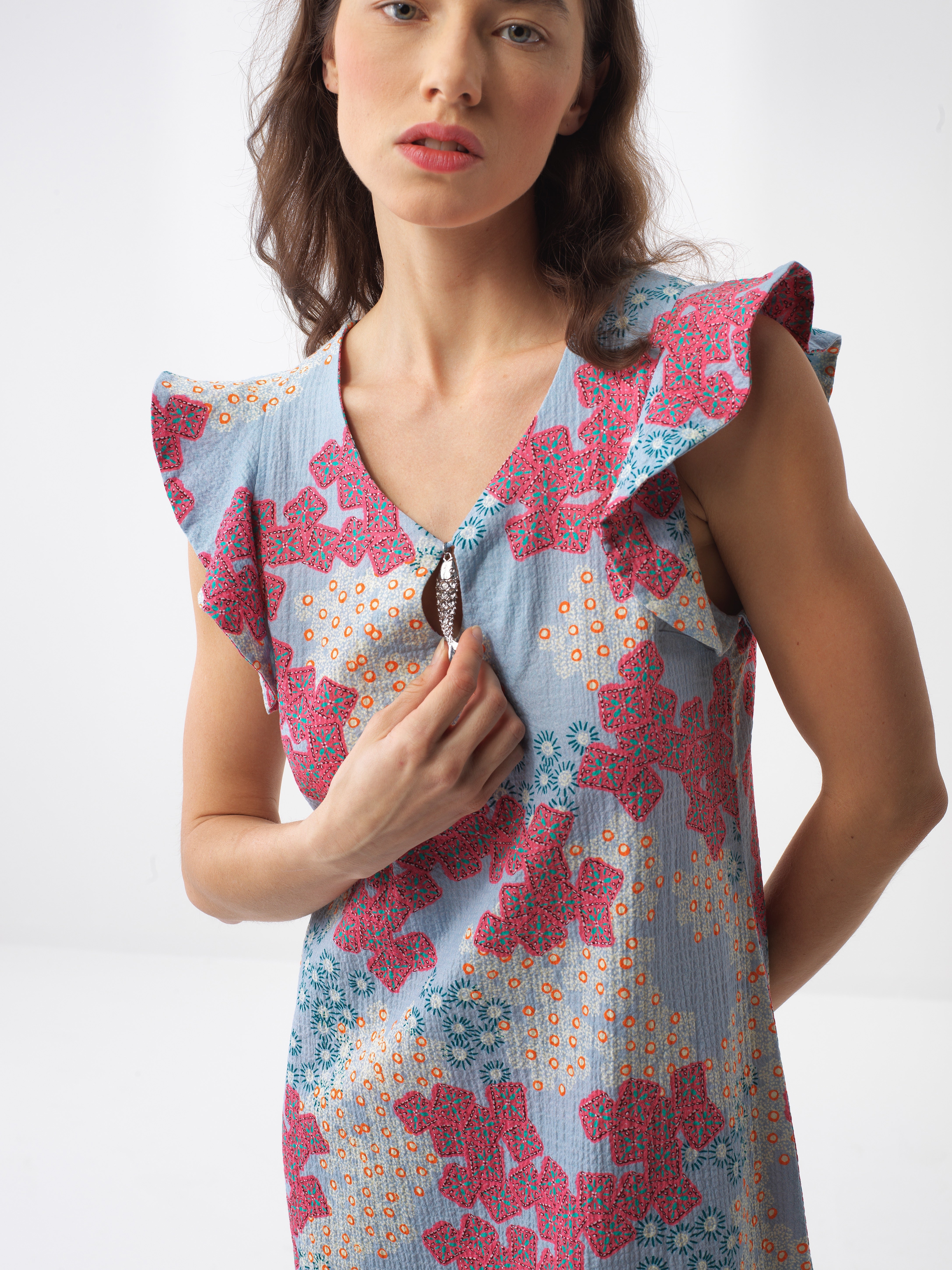 Xint Blue Regular Fit Cotton Dress With Design