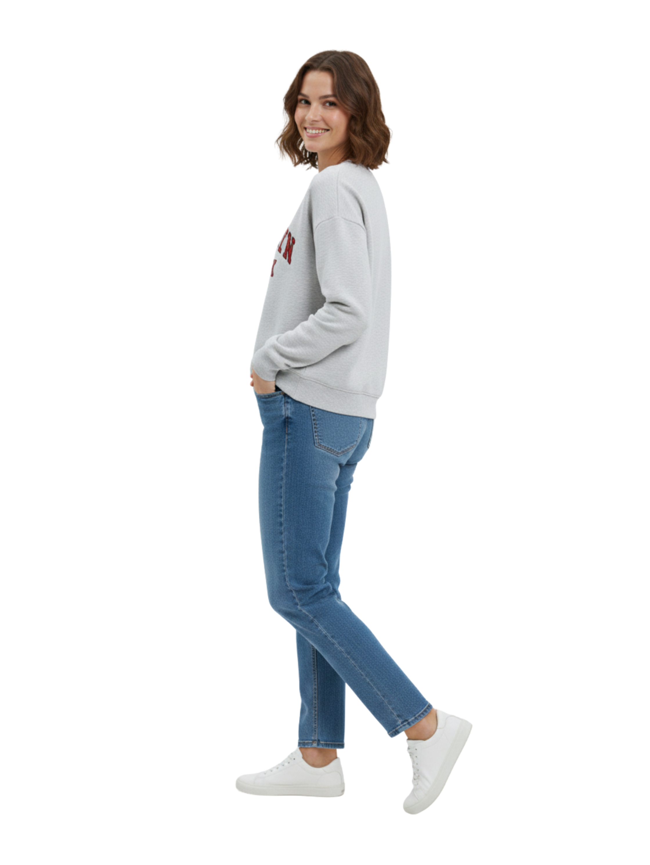 Long Sleeve Fleeced Grey Pullover With Front Print Design
