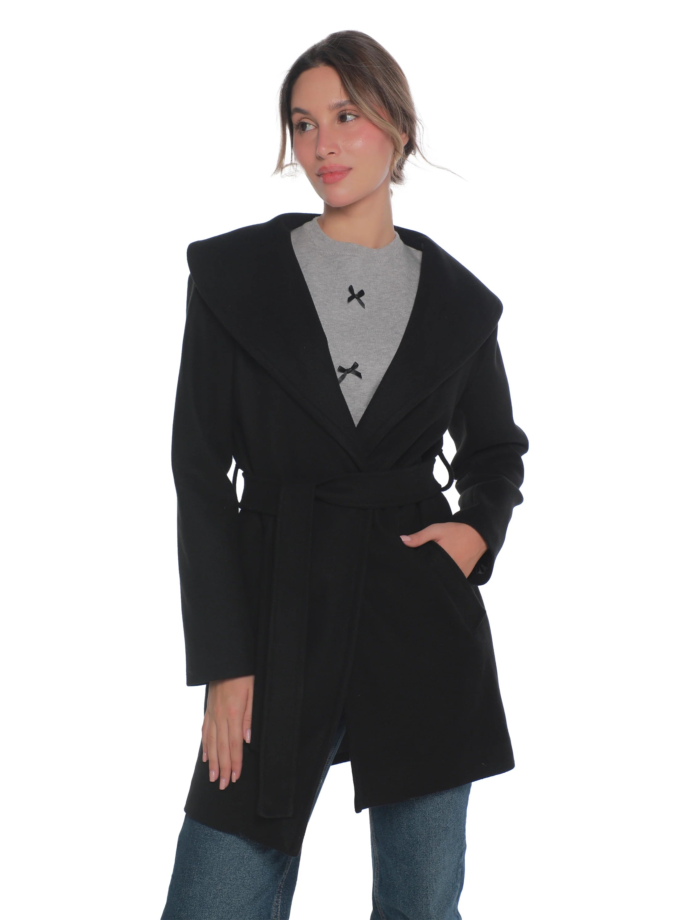 Black Warm Belted Coat With Open Collar