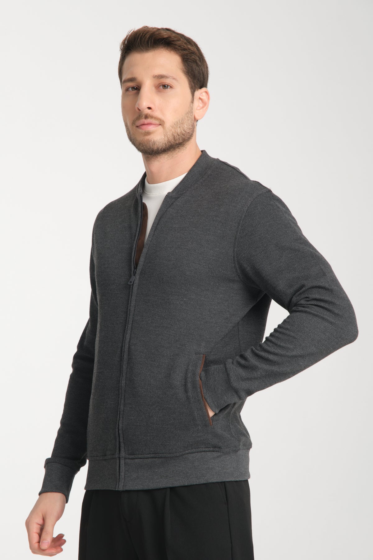 Casual Antra Heathered Zip Up Sweater Jacket With Side Pockets