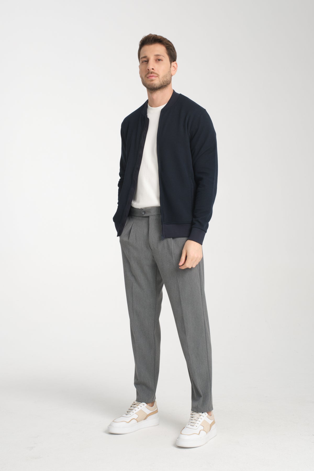 Casual Navy Heathered Zip Up Sweater Jacket With Side Pockets