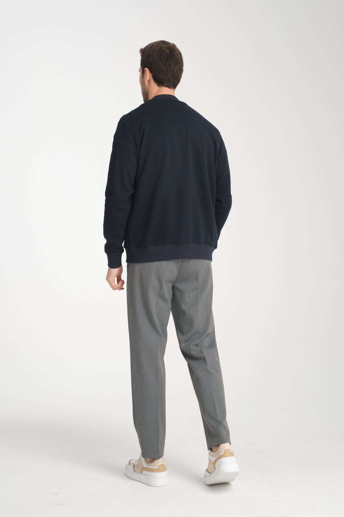 Casual Navy Heathered Zip Up Sweater Jacket With Side Pockets