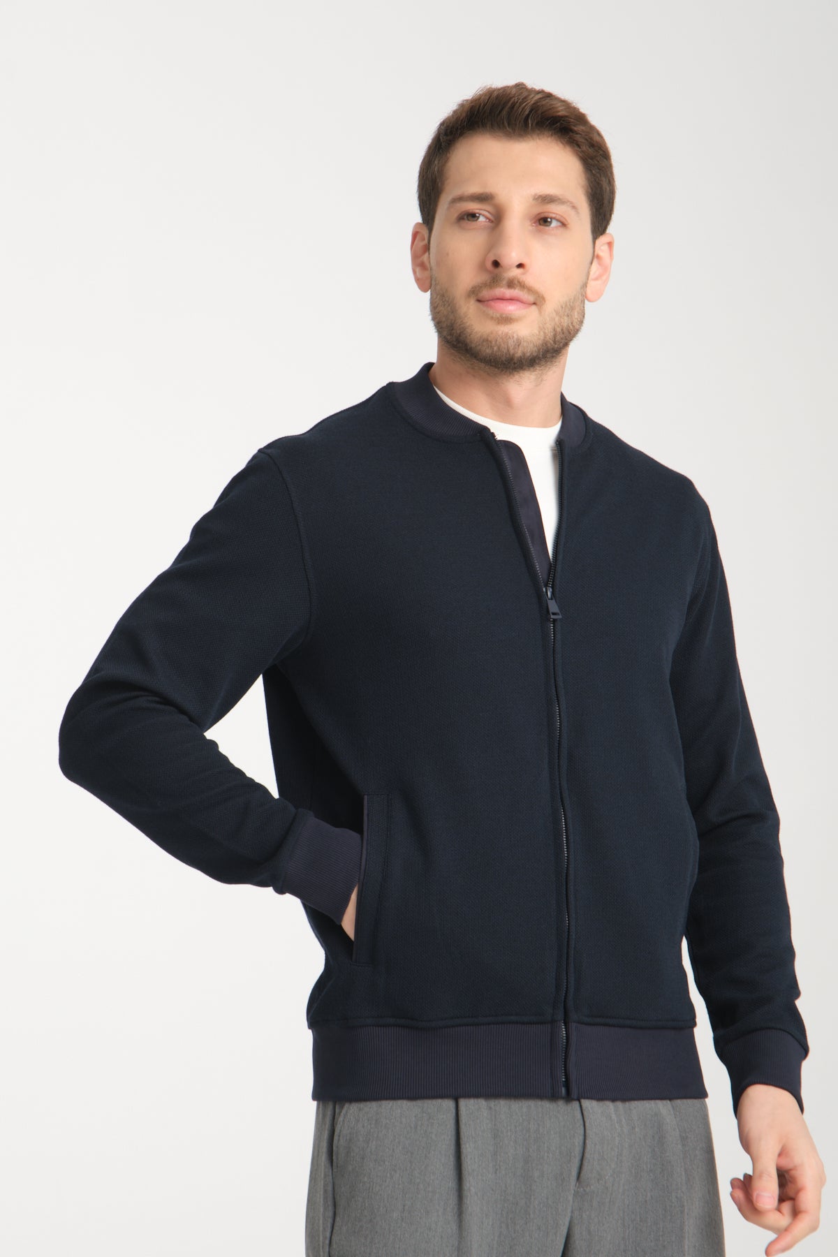 Casual Navy Heathered Zip Up Sweater Jacket With Side Pockets