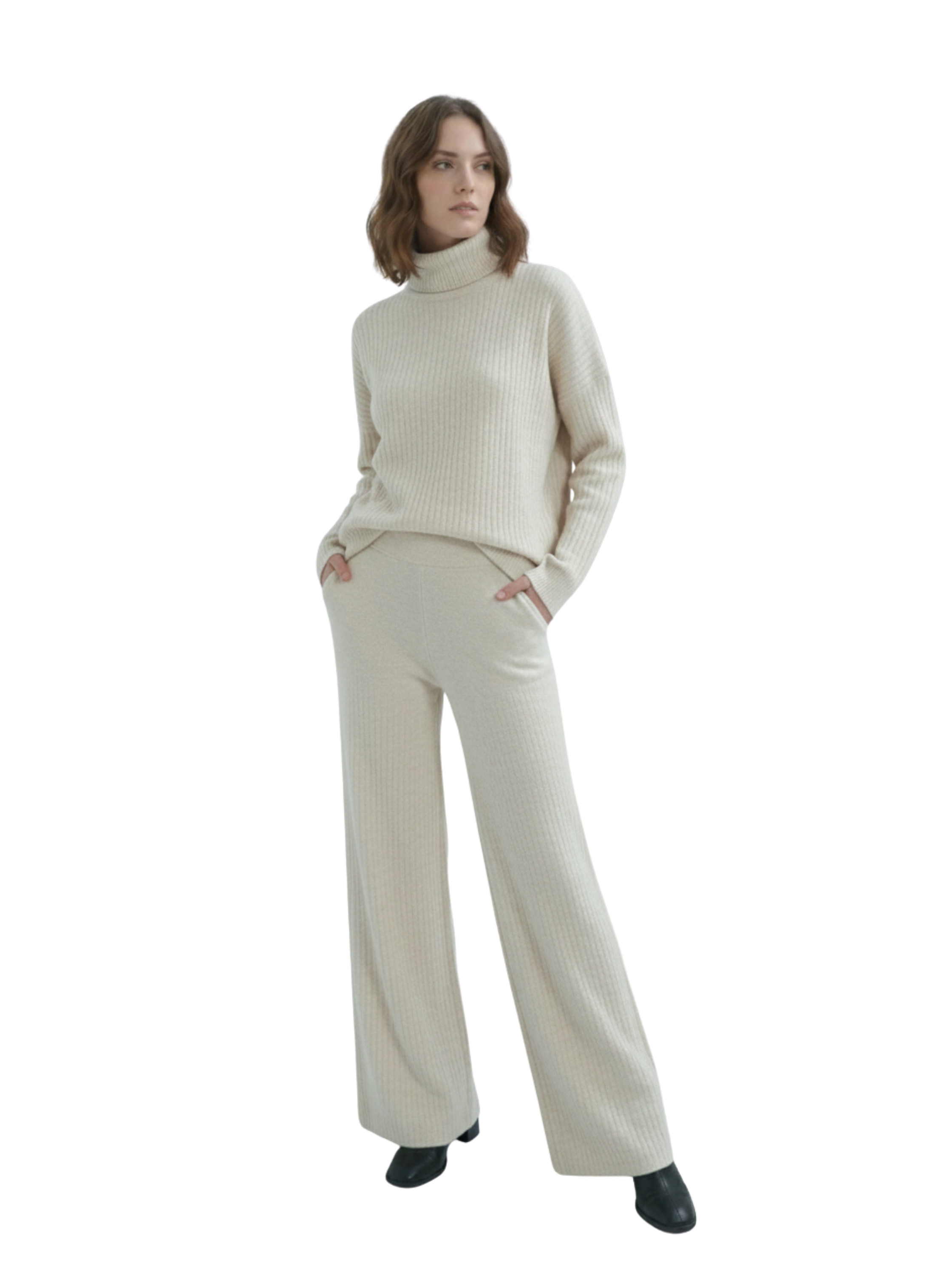 High Neck Ribbed Beige Sweater With Pant