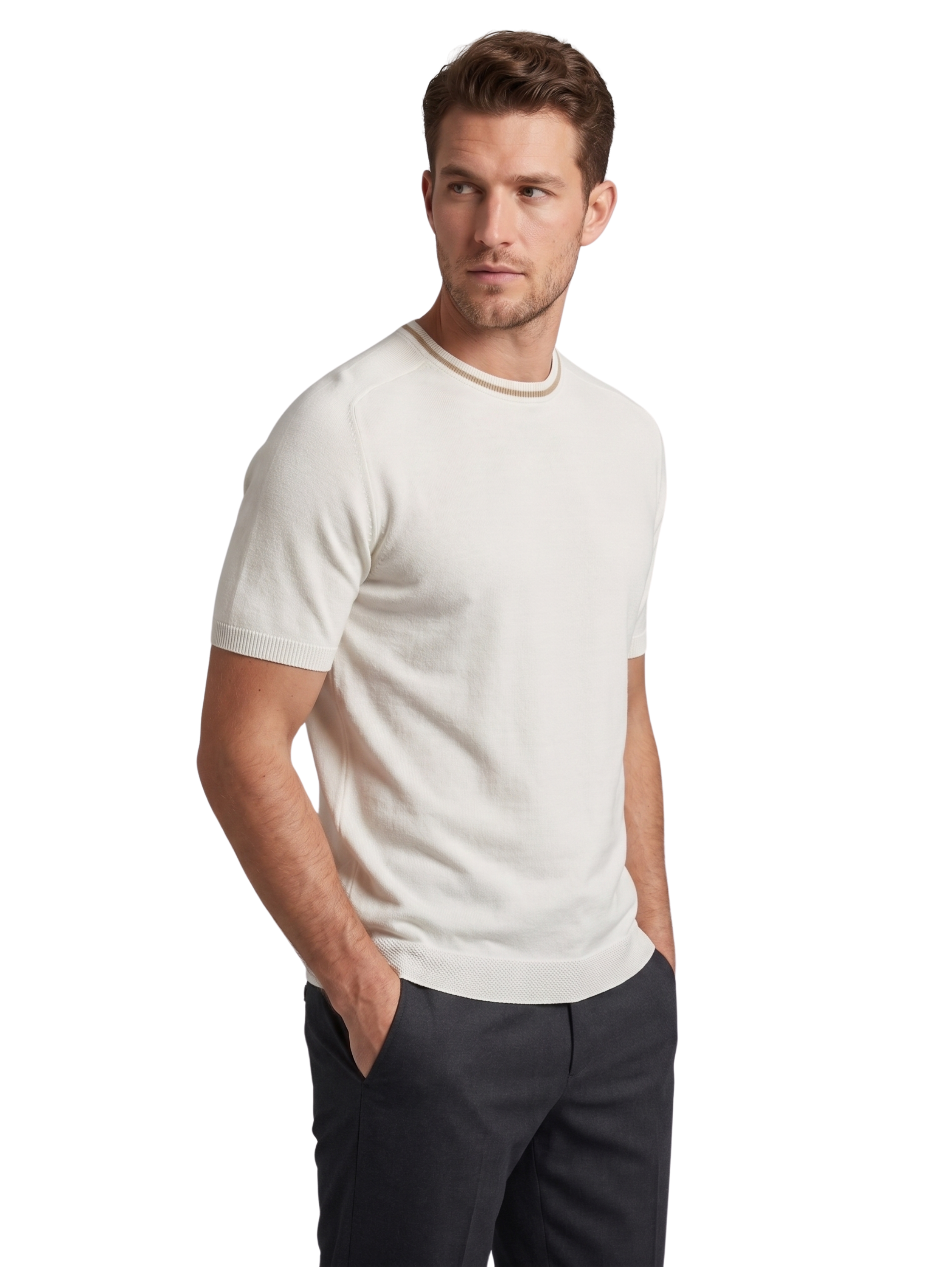 White T-Shirt With Striped Neckline
