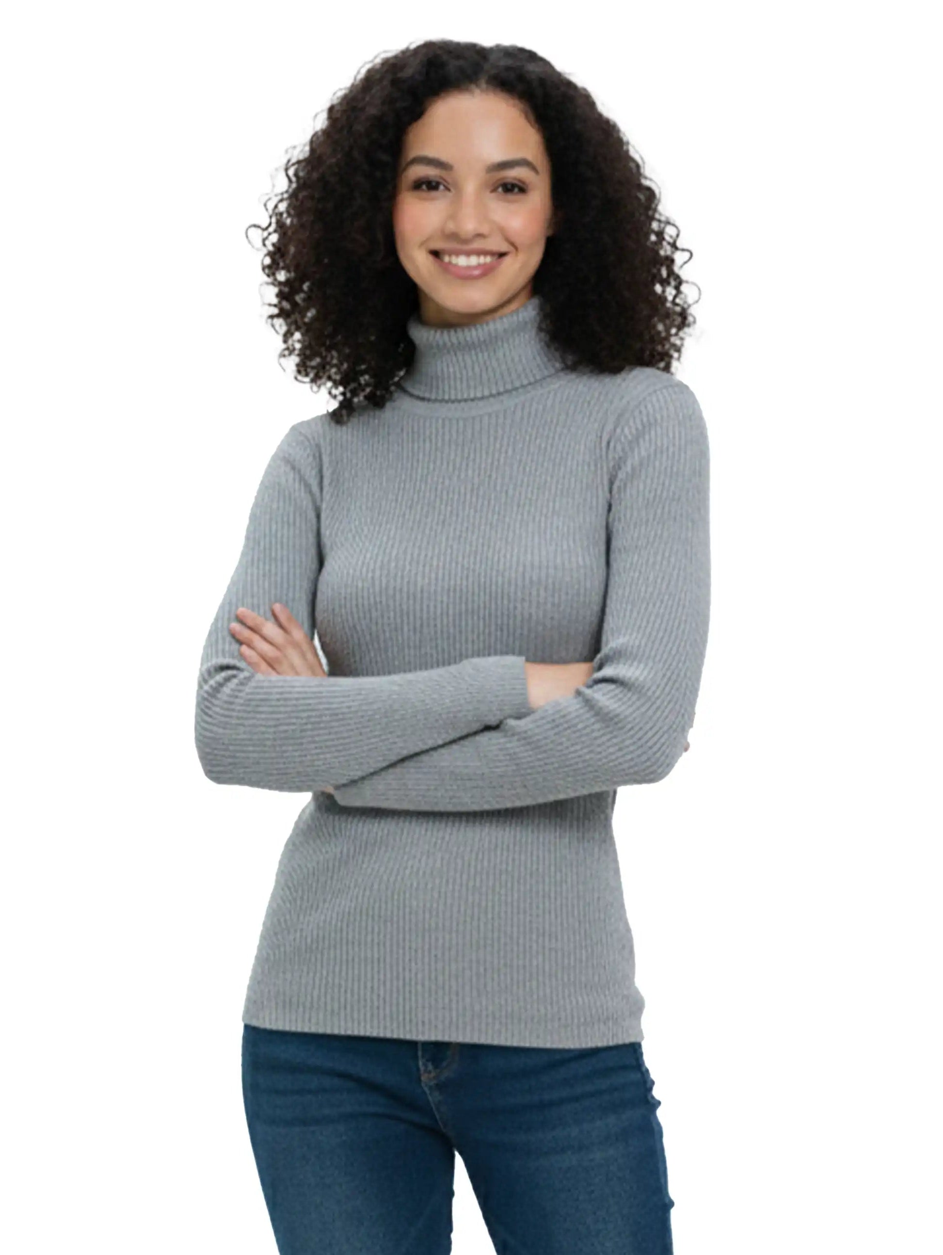 Grey Ribbed High Neck Sweater