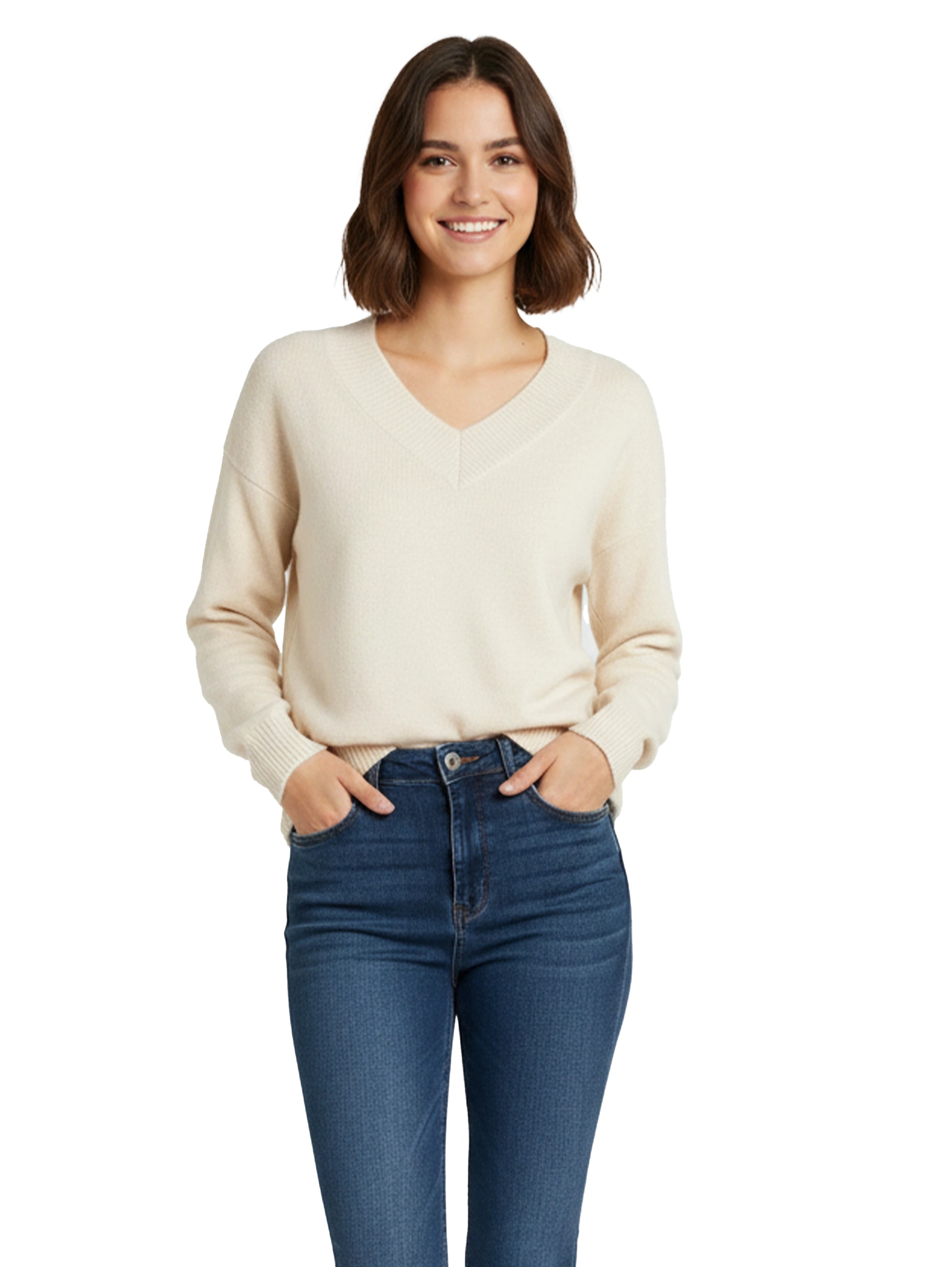 Long Sleeved Beige Pullover With V- Neck Collar