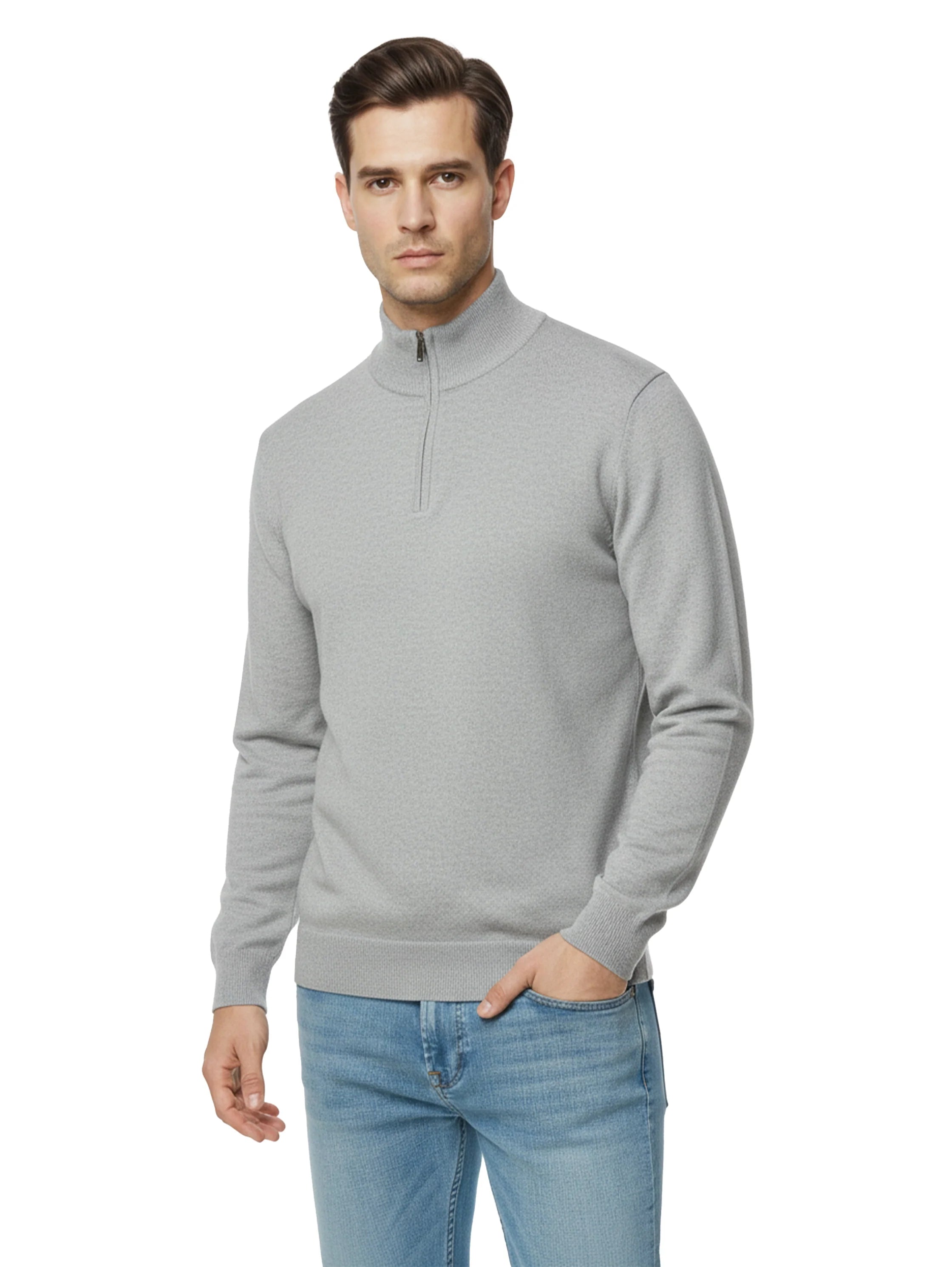 Stand Up Collar Light Grey Pullover With Half Zipper To Close