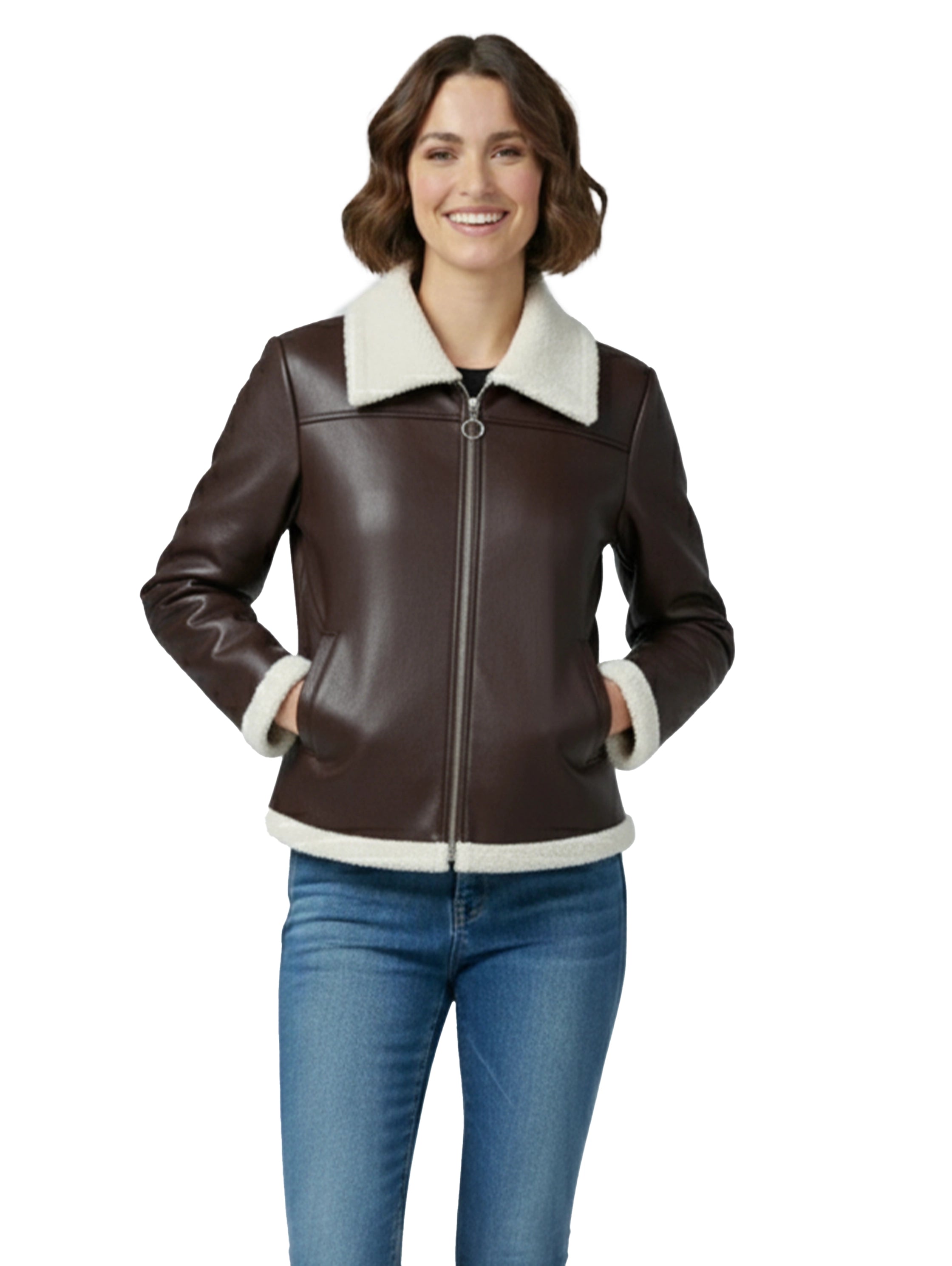 Brown Leather Jacket With Fure Design