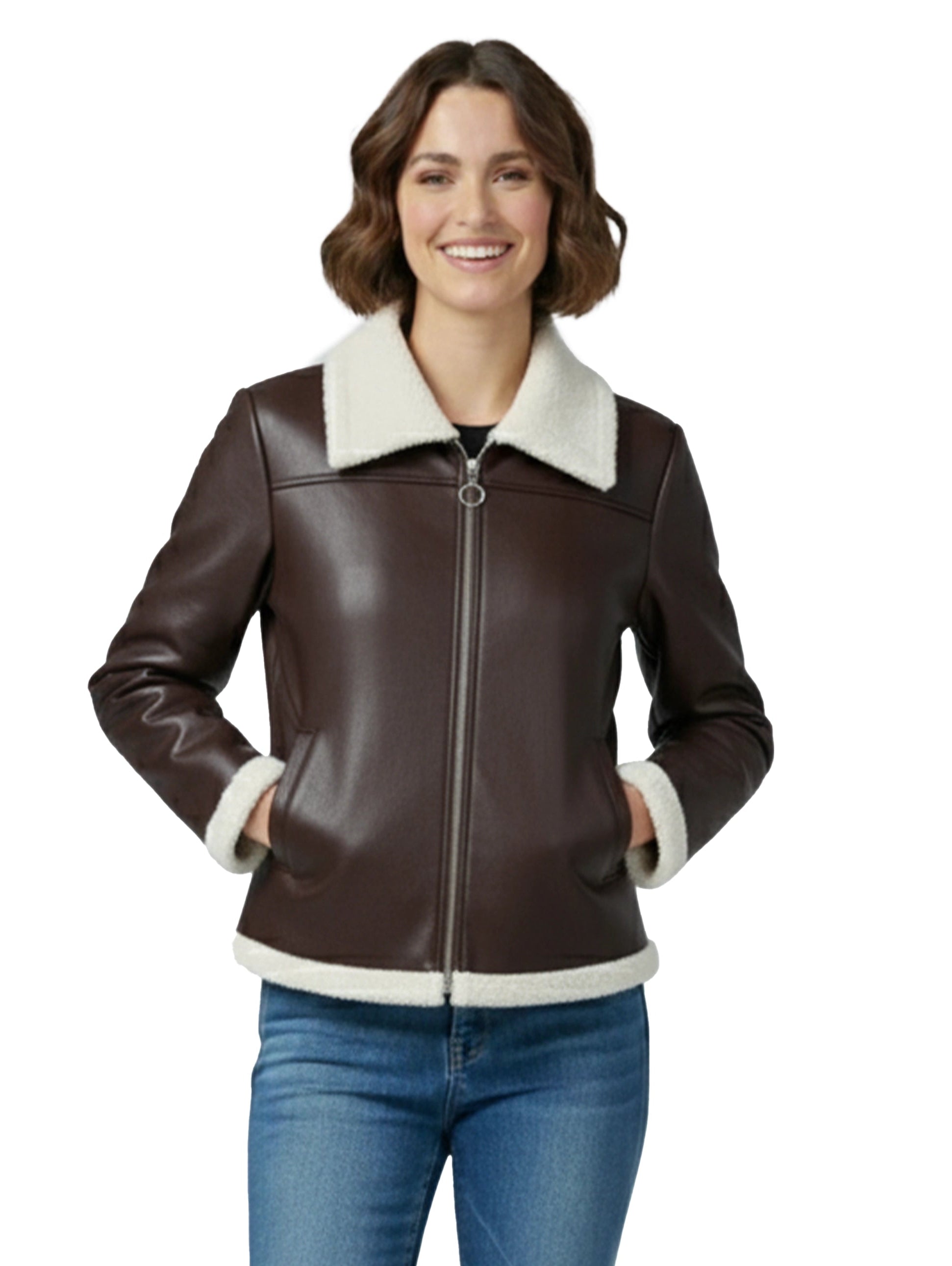 Brown Leather Jacket With Fure Design