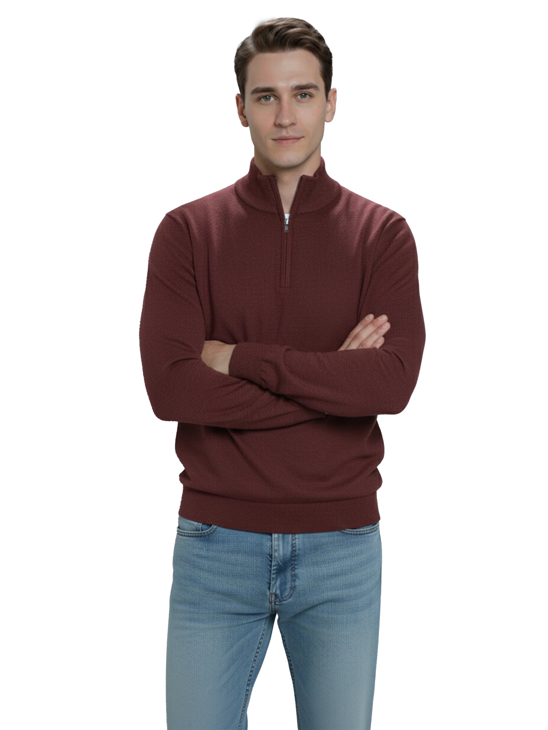 Stand Up Collar Bordo Pullover With Half Zipper To Close