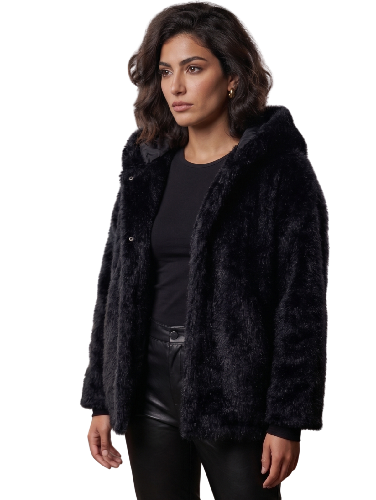 Black Shaggy Fur Hooded Zip Up Jacke
