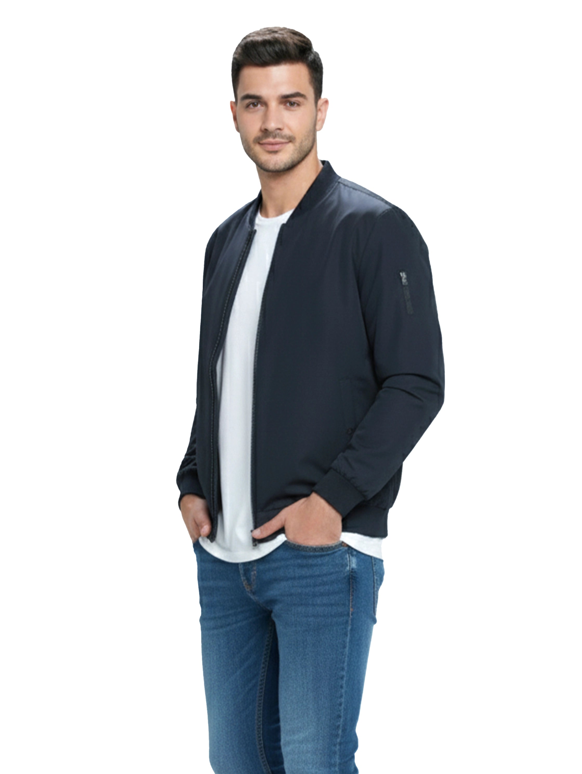 Navy Bamber Jacket With Zipper To Close