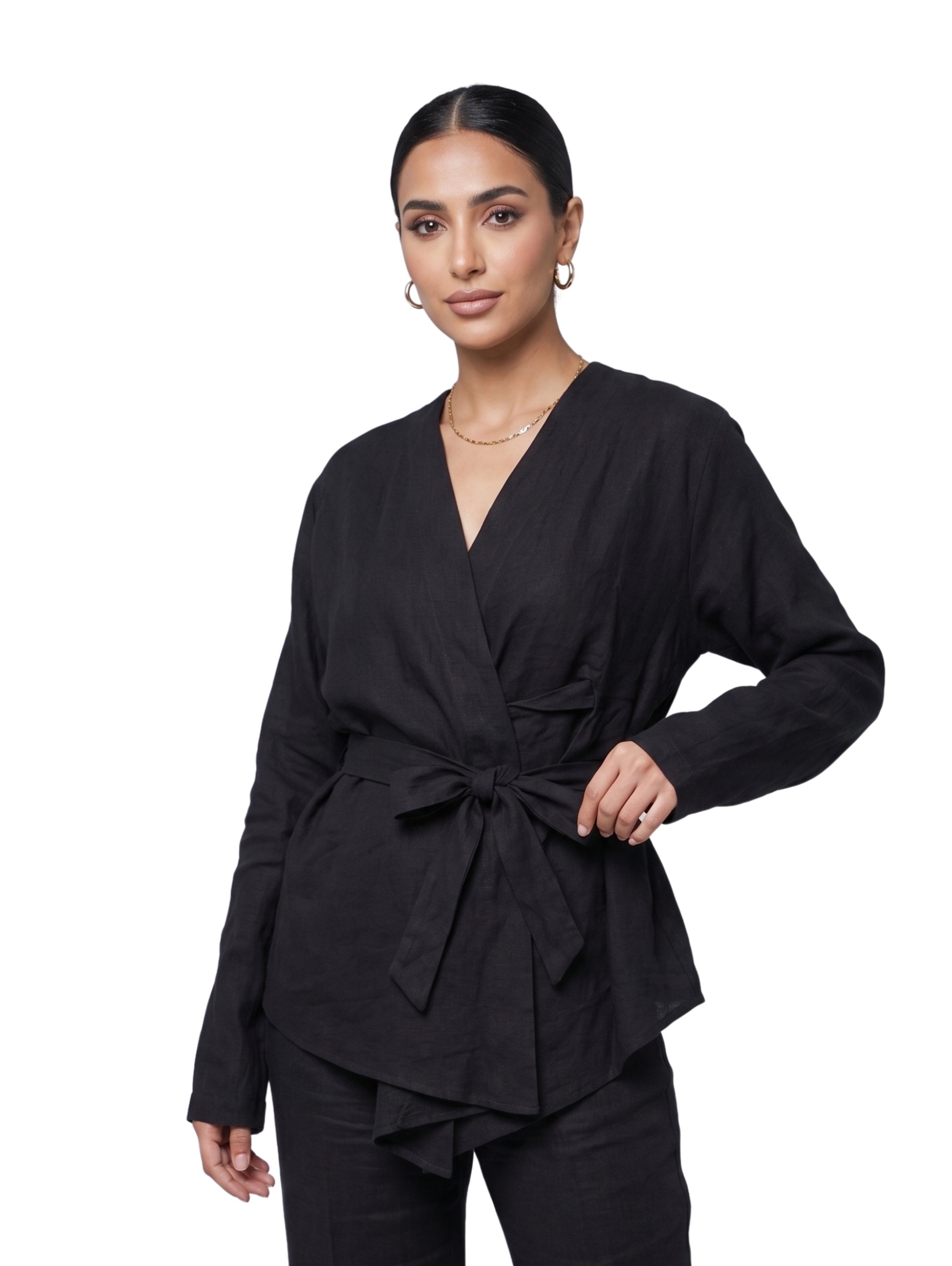 Long Sleeved Black Cardigan With Matching Fabric Tie Belt