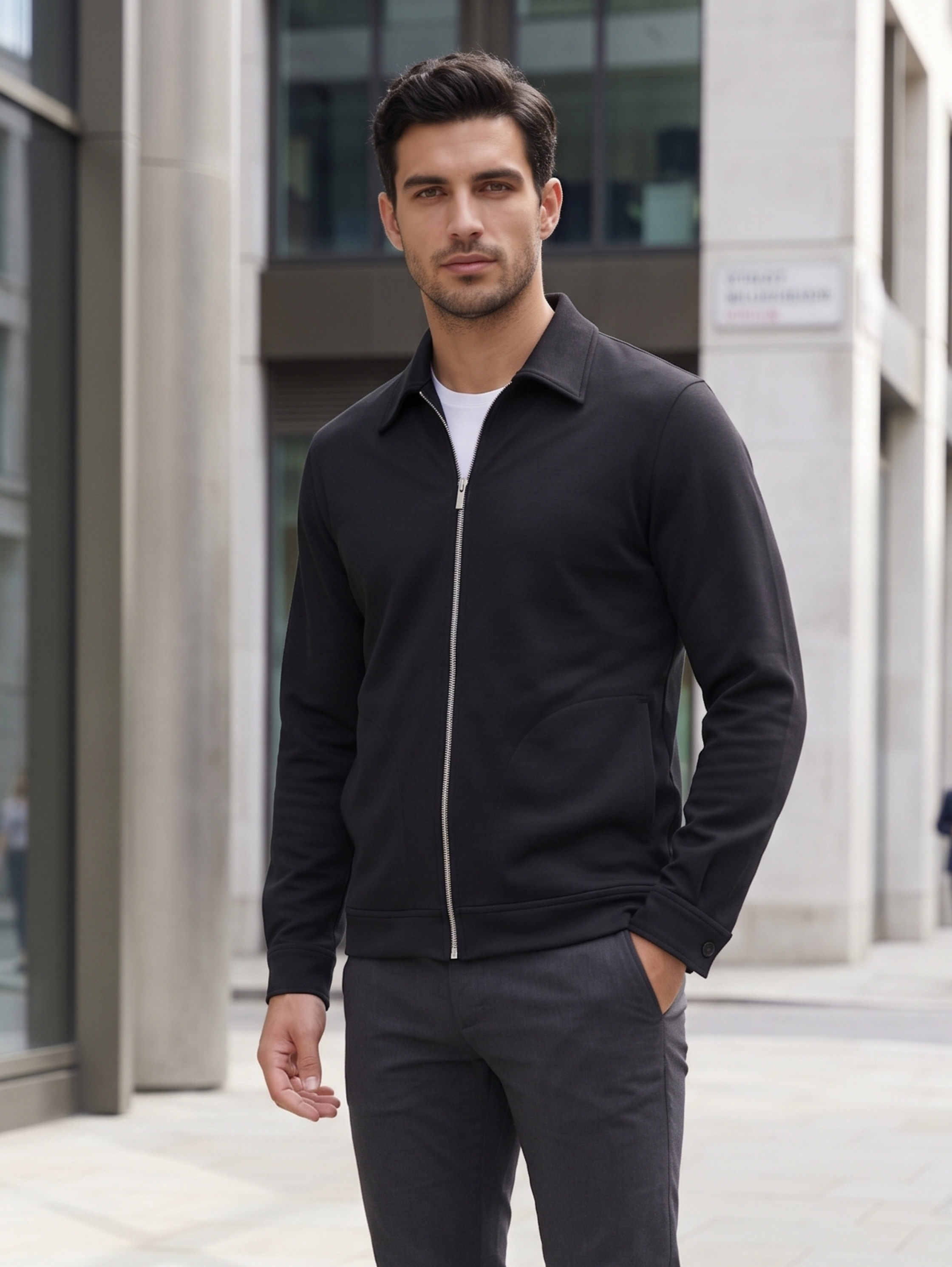 Casual Black Zip Up Jacket With Collar & Buttoned Cuffed