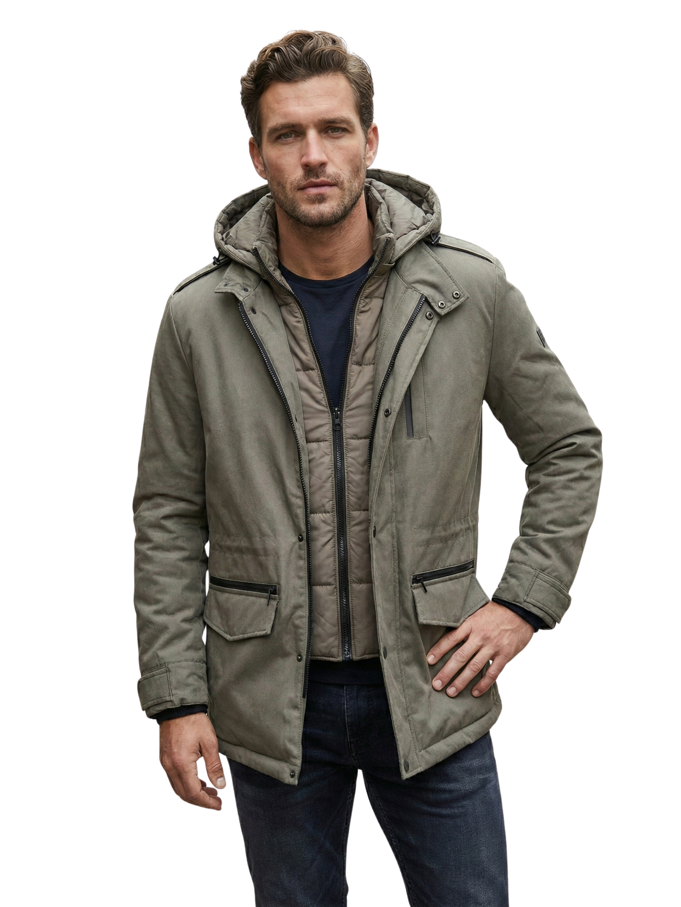 Damat Long Sleeve Fild Double Layer Beige Hooded Jacket