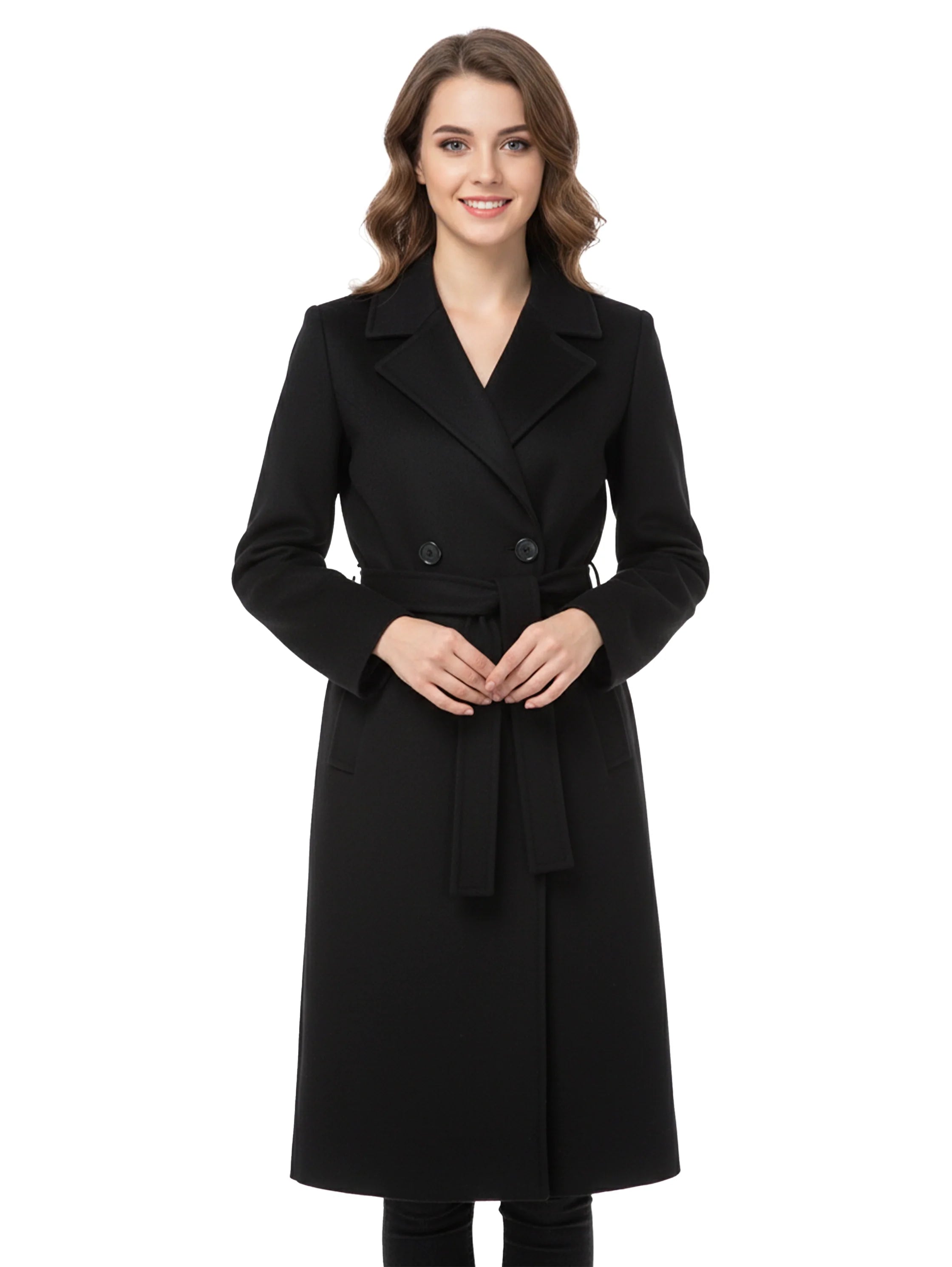 Black Belted Long Coat With Lapel Collar