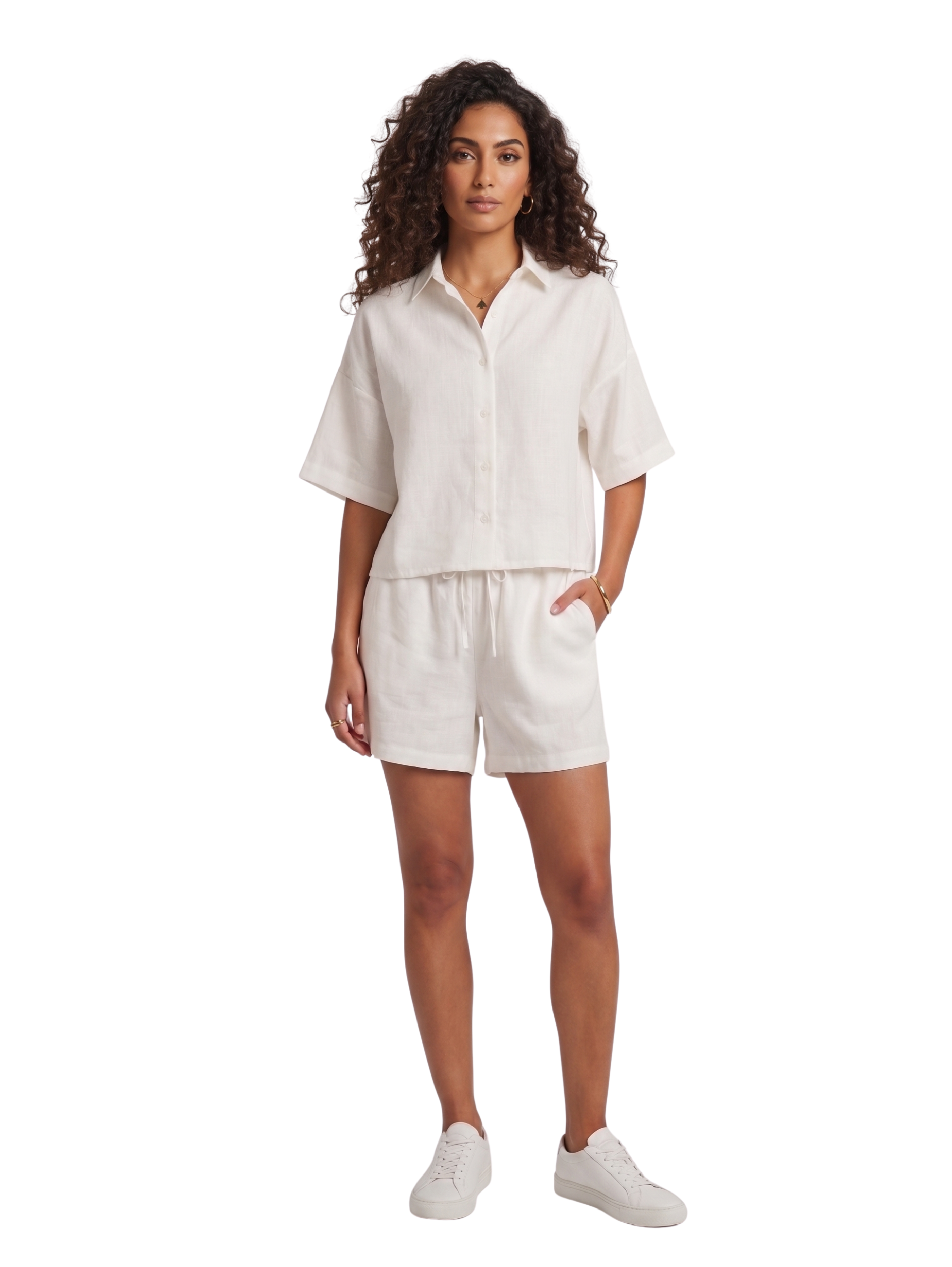 Off White Shirt Linen Shorts Set
